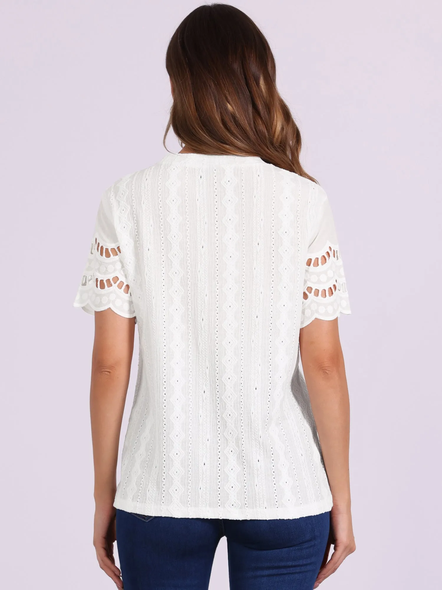 Casual Crew Neck Short Sleeve Eyelet Blouse sold by Allegra K product image thumbnail 3