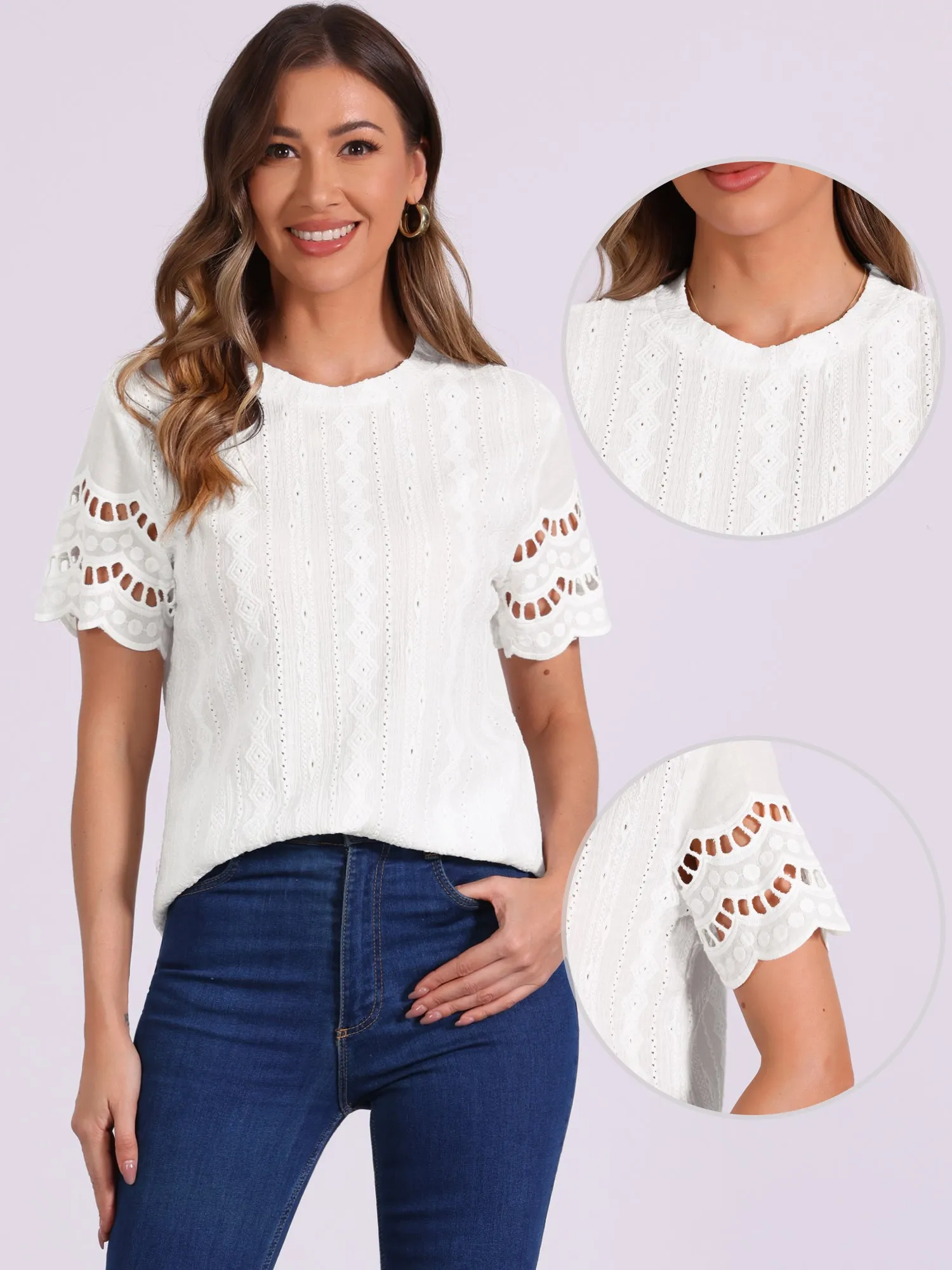 Casual Crew Neck Short Sleeve Eyelet Blouse sold by Allegra K product image thumbnail 2