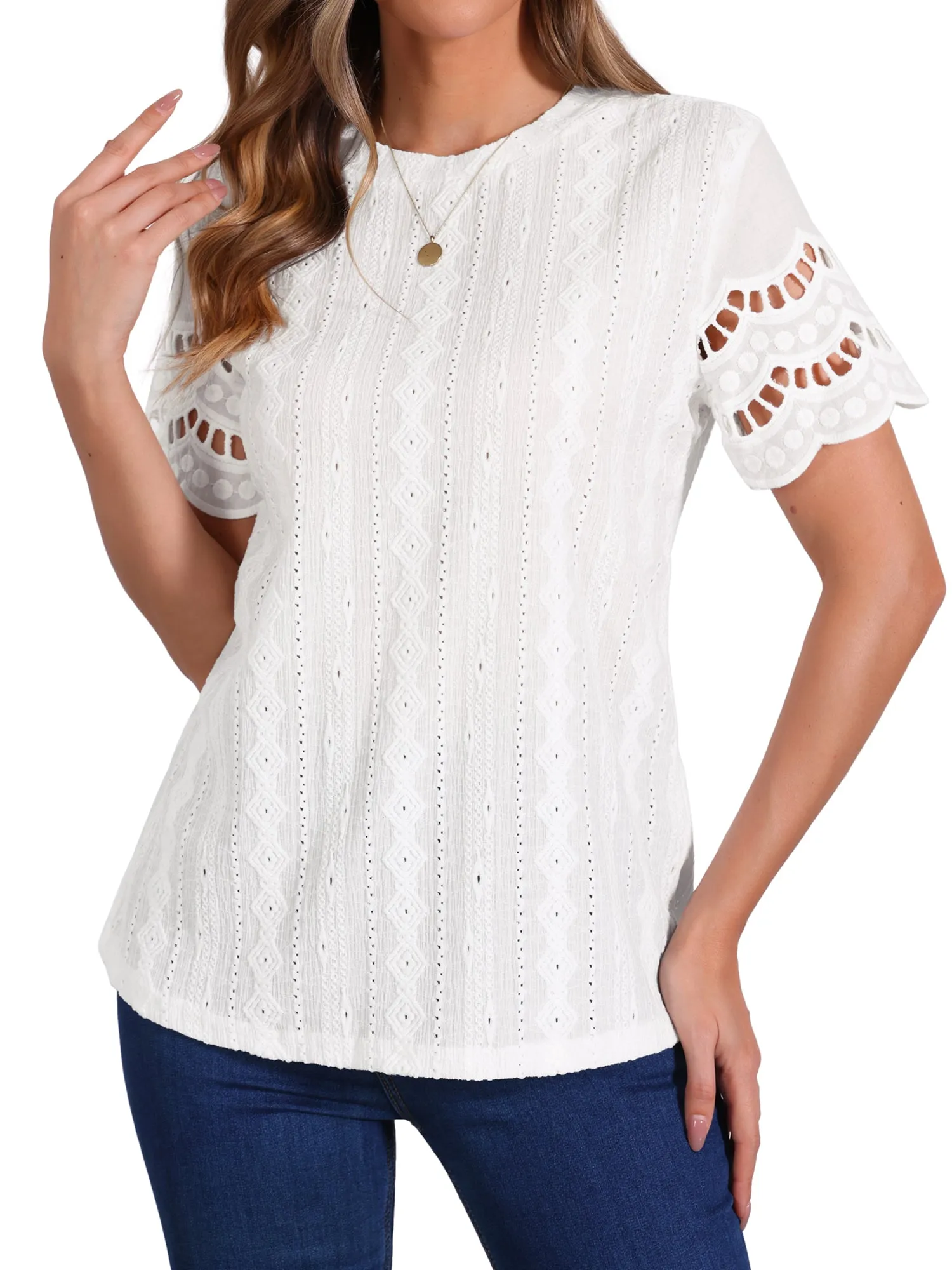 Casual Crew Neck Short Sleeve Eyelet Blouse sold by Allegra K product image thumbnail 5