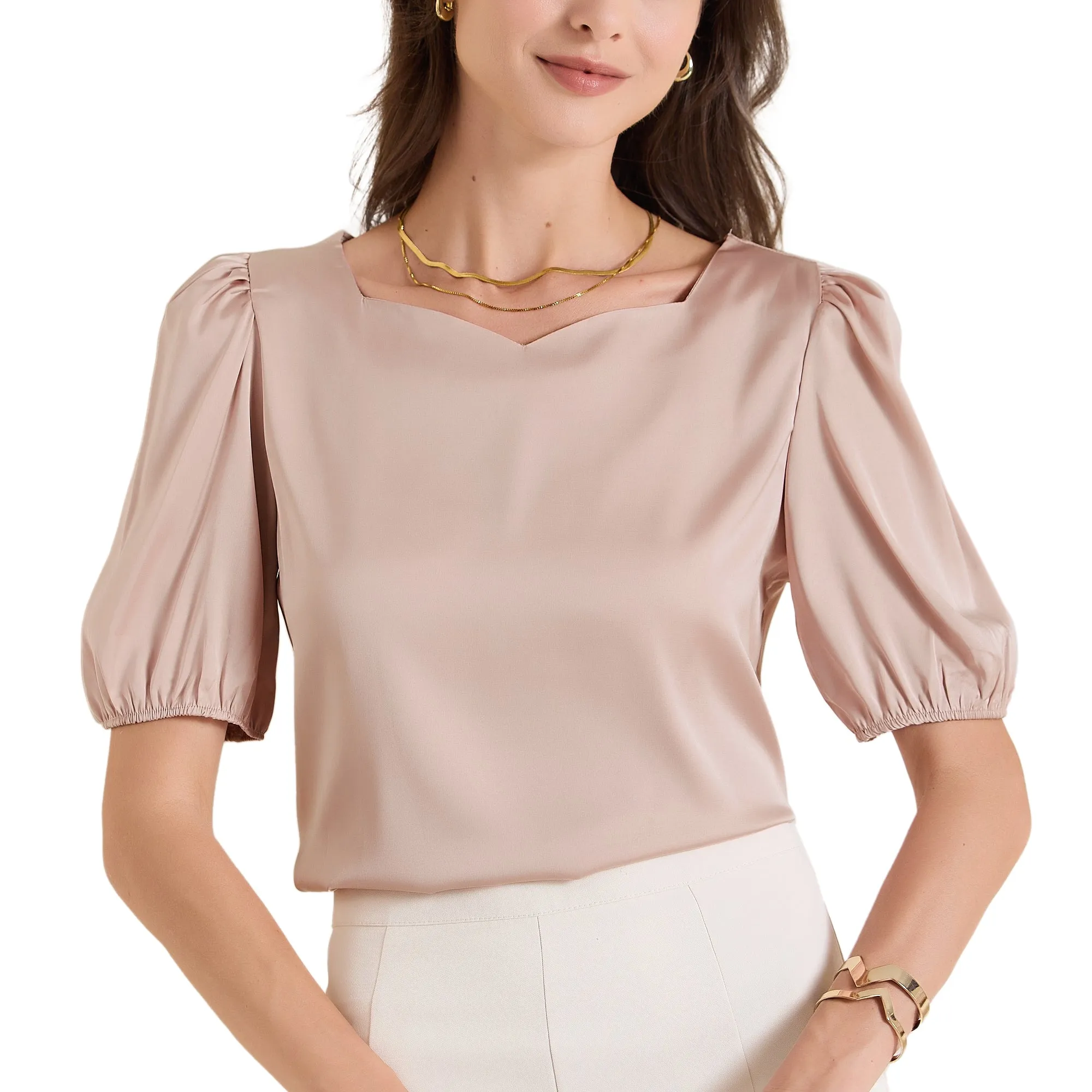Sweetheart Neck Puff Short Sleeve Office Work Satin Blouse sold by Allegra K product image thumbnail 5