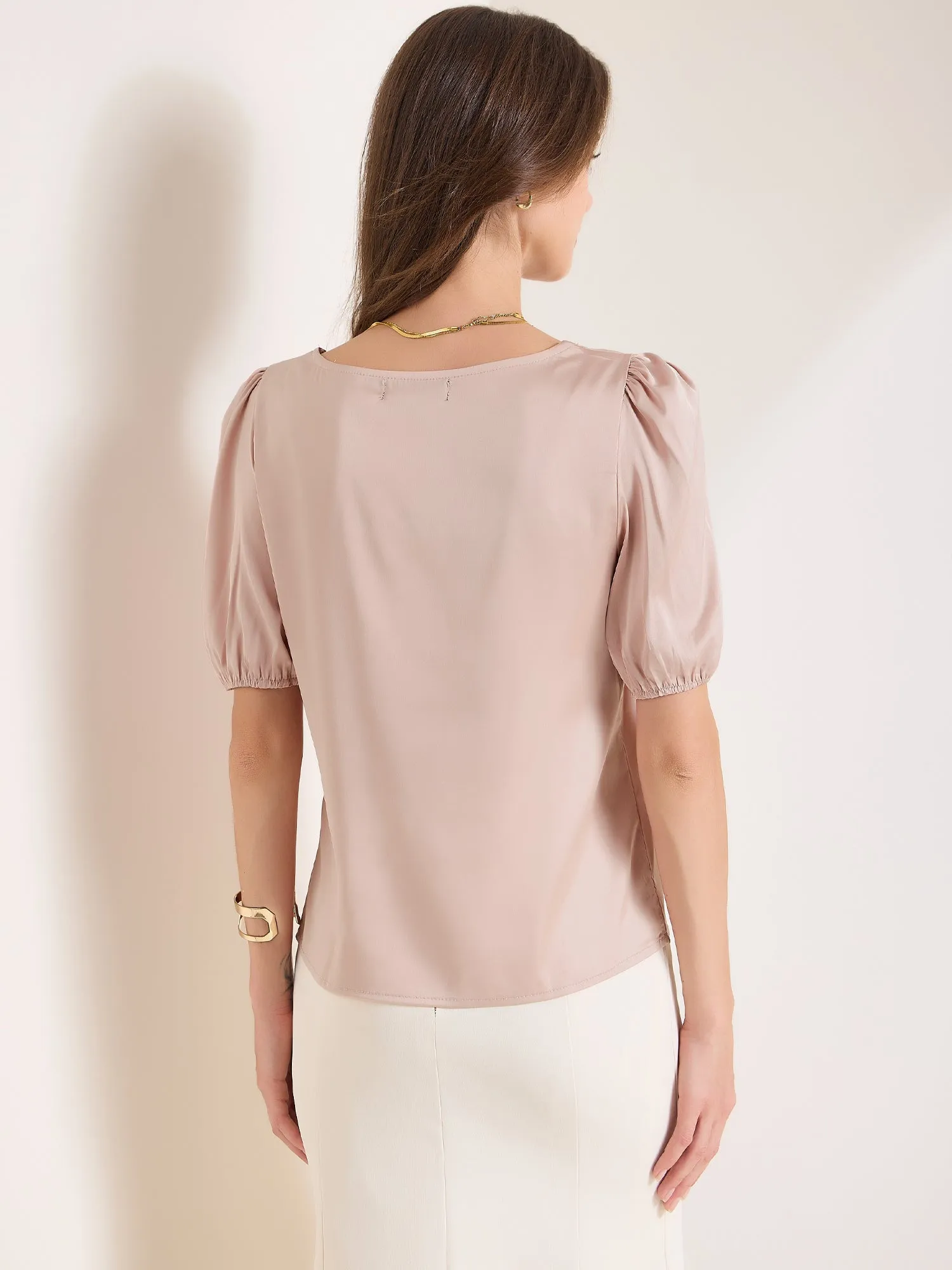 Sweetheart Neck Puff Short Sleeve Office Work Satin Blouse sold by Allegra K product image thumbnail 3