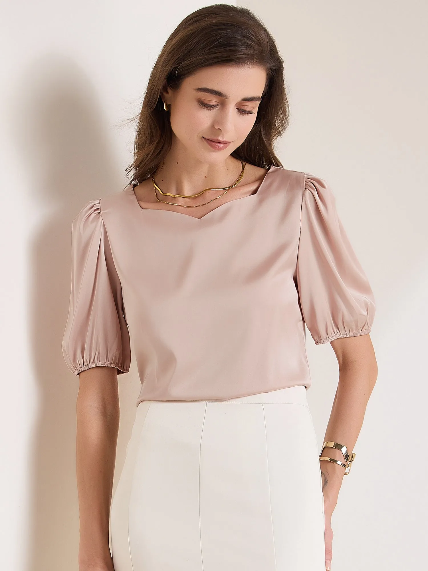 Sweetheart Neck Puff Short Sleeve Office Work Satin Blouse sold by Allegra K