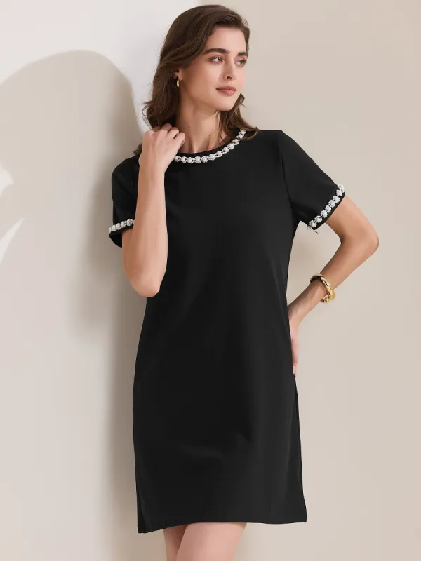 Short Sleeve Crew Neck Faux Pearl Decor Pocketed Dress sold by Allegra K