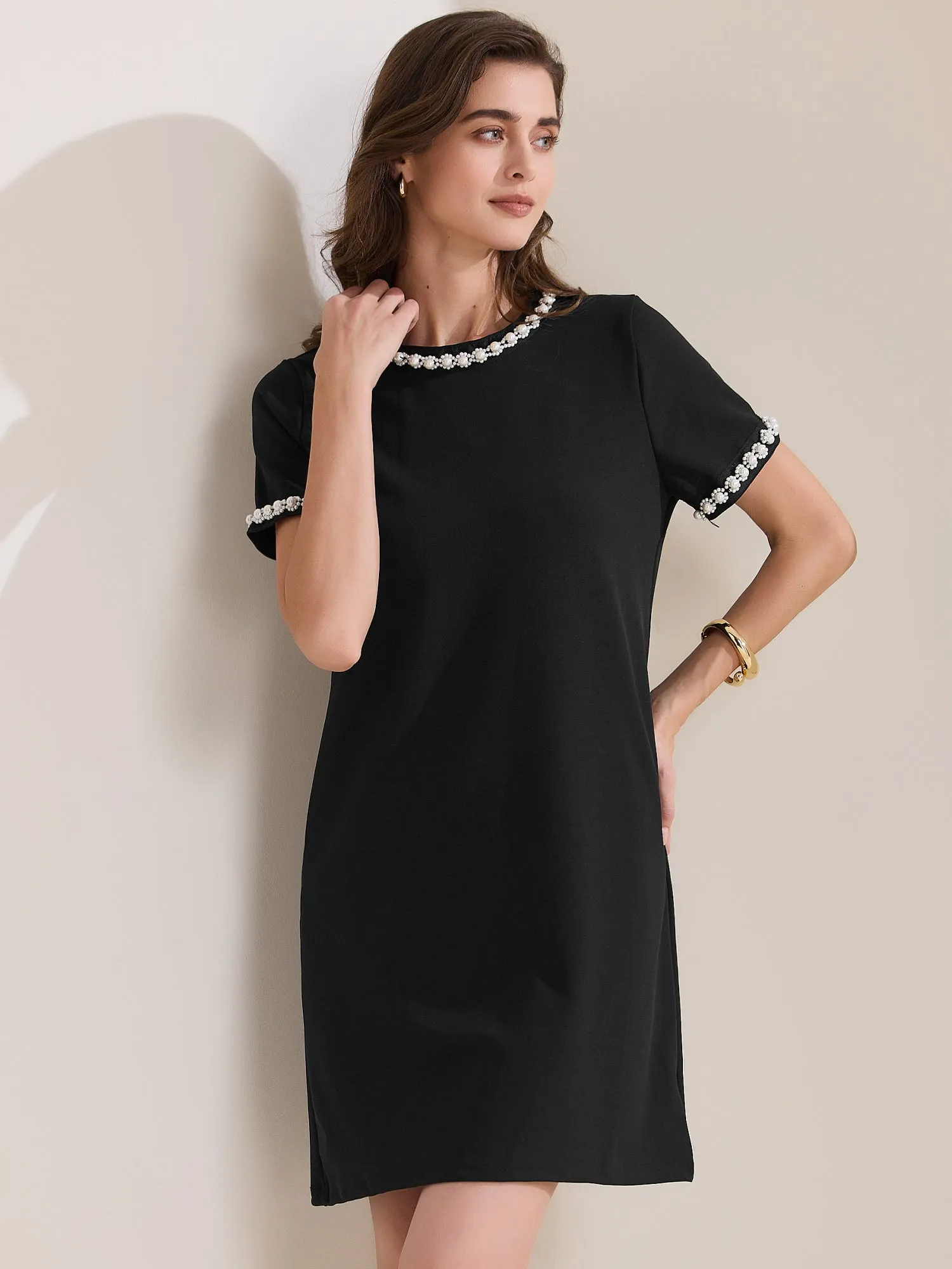 Short Sleeve Crew Neck Faux Pearl Decor Pocketed Dress sold by Allegra K