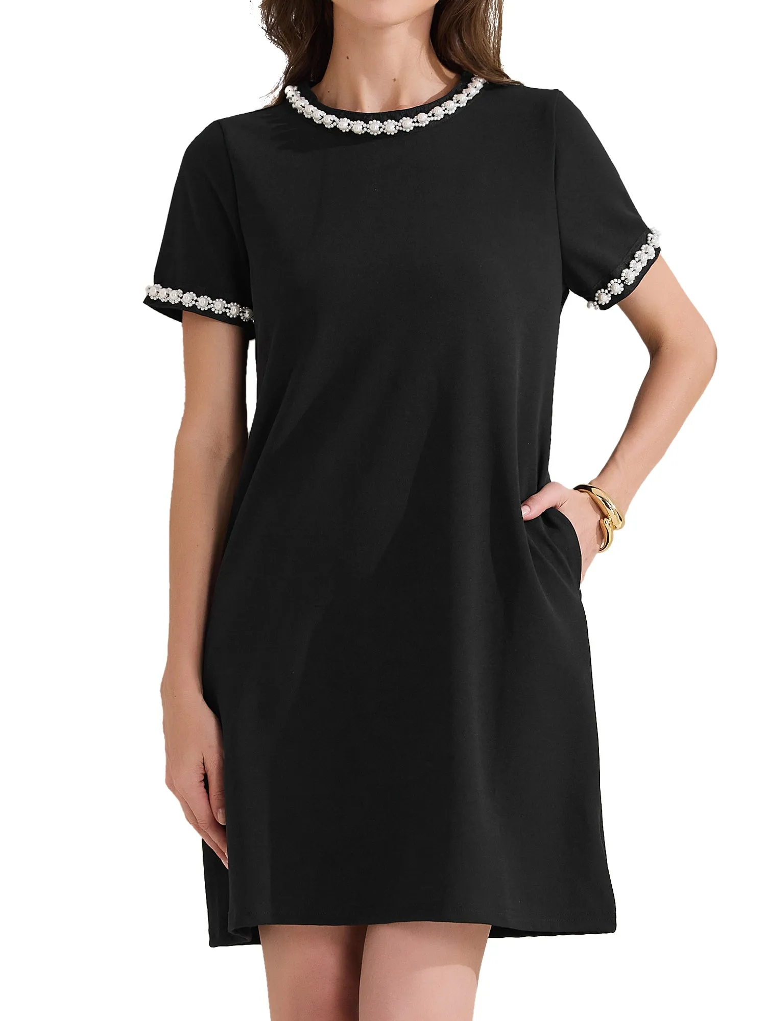 Short Sleeve Crew Neck Faux Pearl Decor Pocketed Dress sold by Allegra K product image thumbnail 5