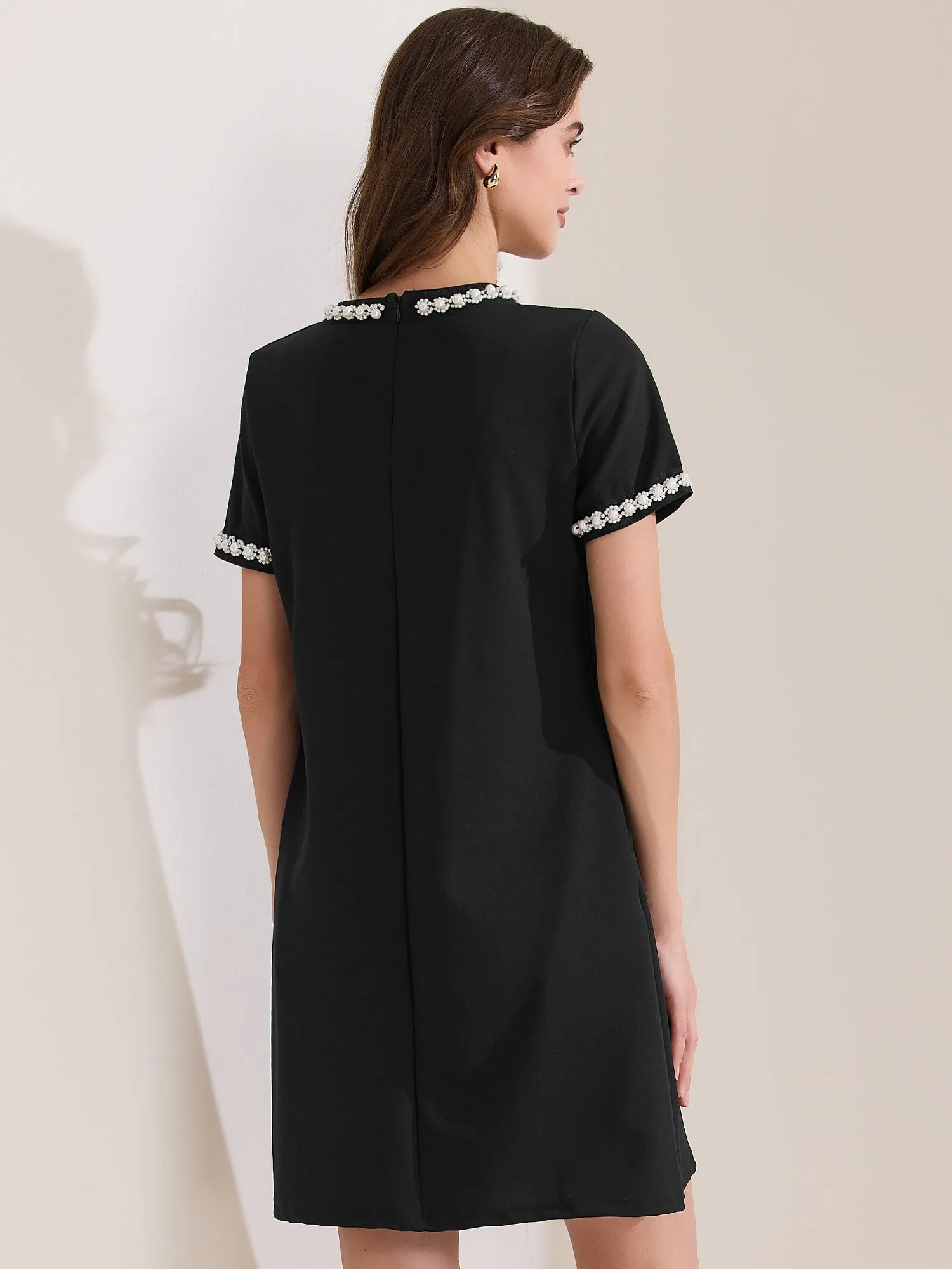 Short Sleeve Crew Neck Faux Pearl Decor Pocketed Dress sold by Allegra K product image thumbnail 3