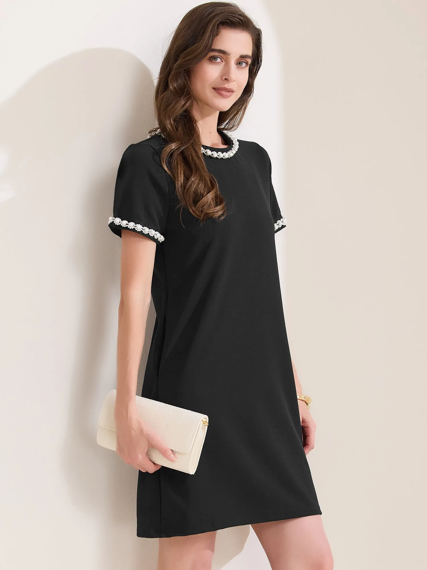 Short Sleeve Crew Neck Faux Pearl Decor Pocketed Dress sold by Allegra K product image thumbnail 2