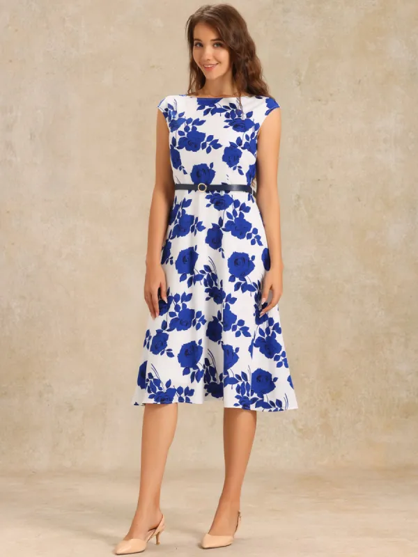 Floarl Cap Sleeve Belted A-Line Midi Dress sold by Allegra K