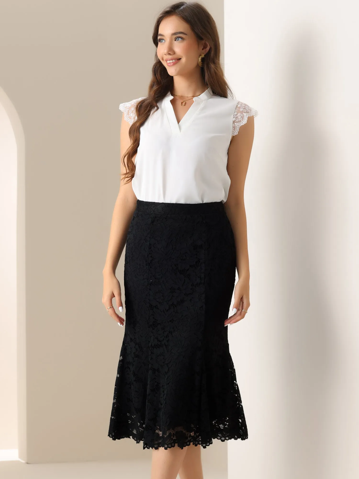 Lace Office Work Bodycon Fishtail Midi Skirt sold by Allegra K