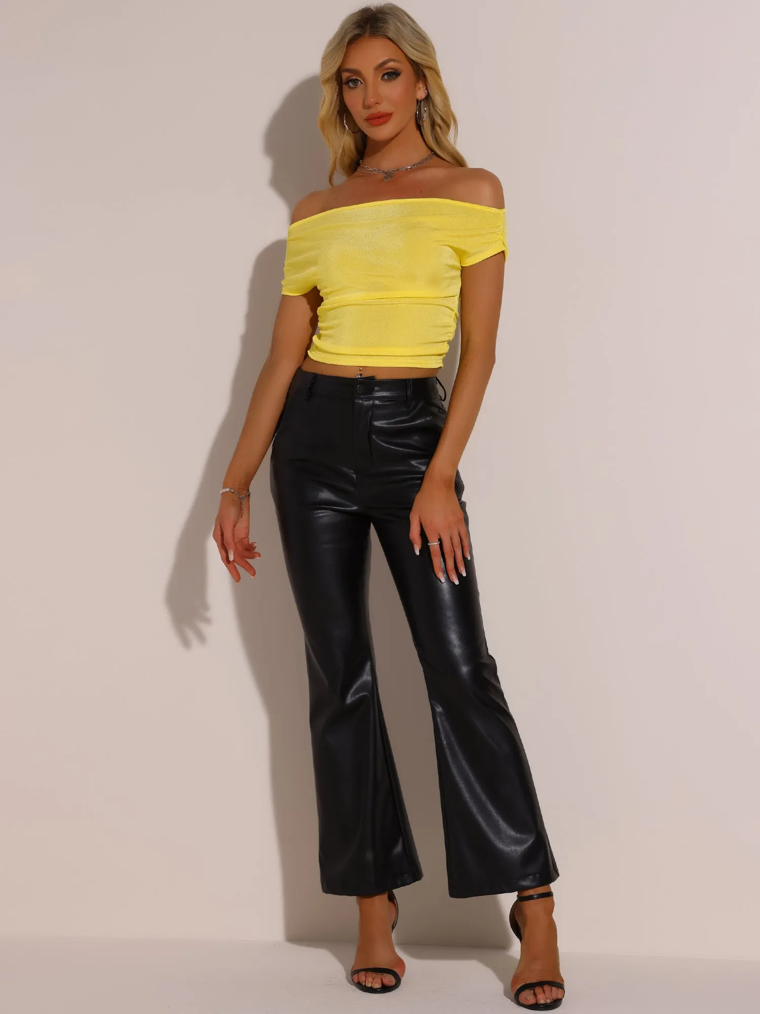 Off Shoulder Short Sleeve Ruched Cropped Tops sold by Allegra K product image thumbnail 3