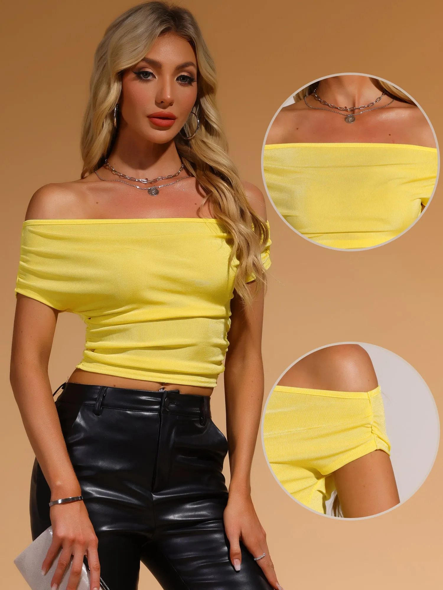 Off Shoulder Short Sleeve Ruched Cropped Tops sold by Allegra K