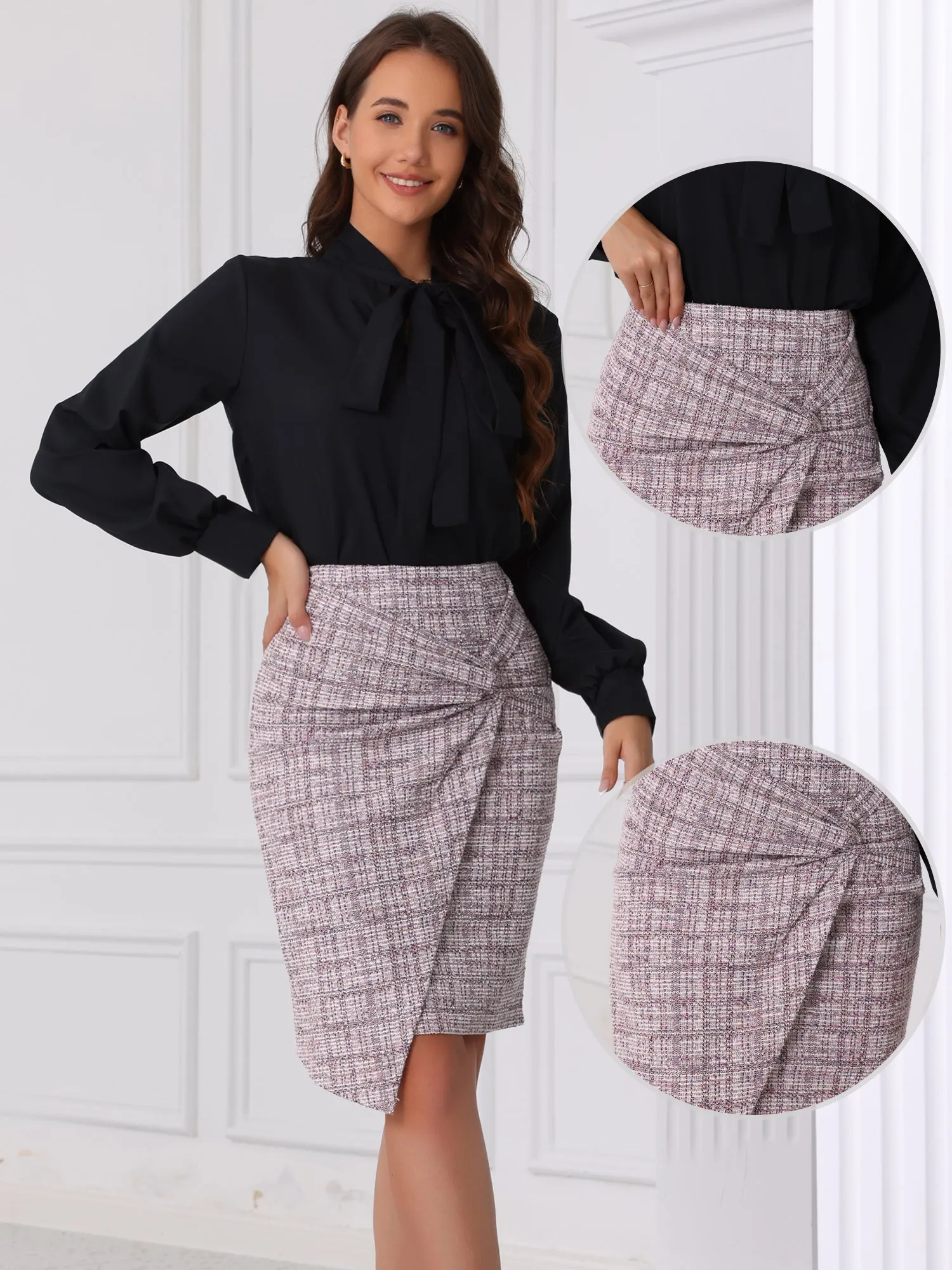 Tweed Plaid Twisted Ruched Pencil Midi Skirt sold by Allegra K product image thumbnail 2