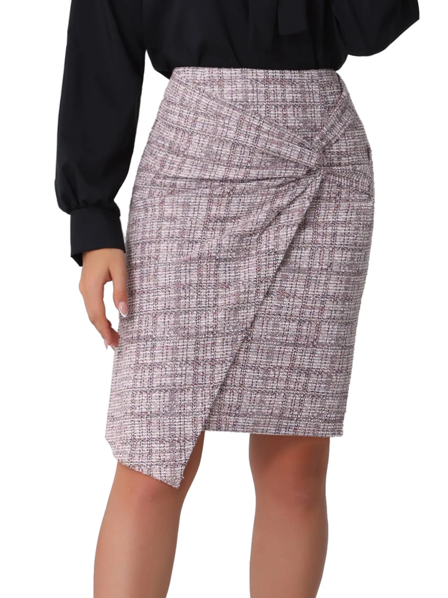 Tweed Plaid Twisted Ruched Pencil Midi Skirt sold by Allegra K product image thumbnail 4