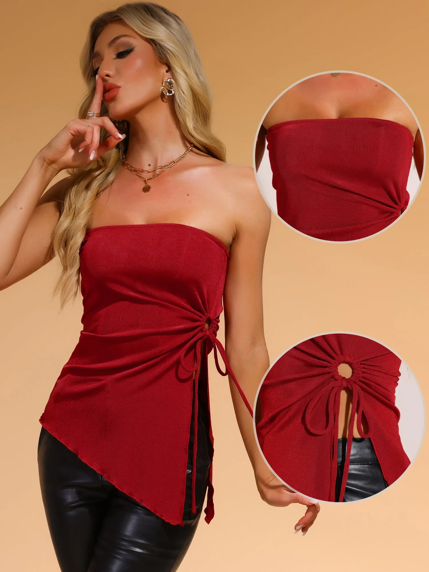 Strapless Drawstring Ruched Slit Asymmetrical Hem Tops sold by Allegra K