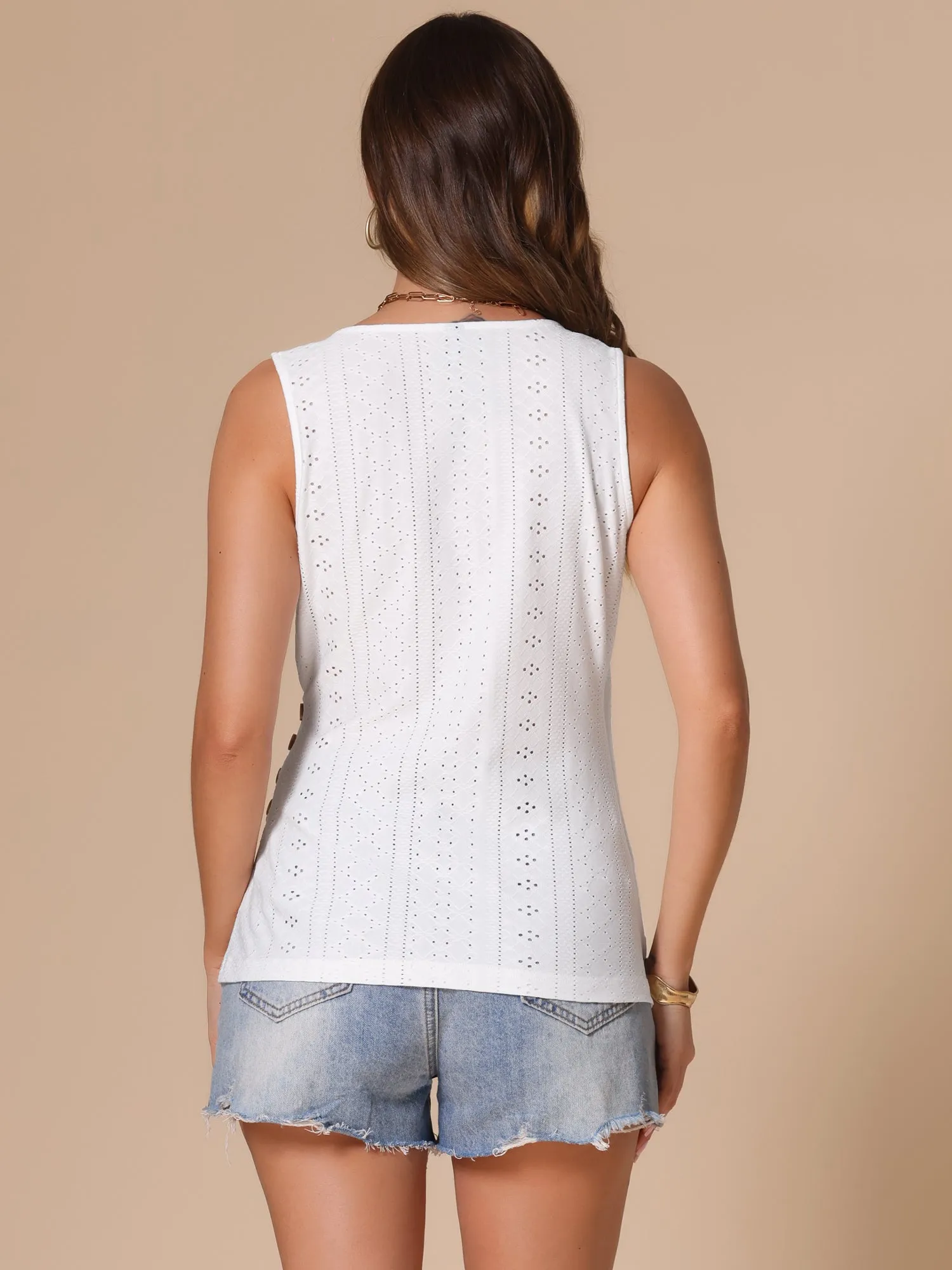 V Neck Sleeveless Ruched Button Decor Eyelet Blouse sold by Allegra K product image thumbnail 3