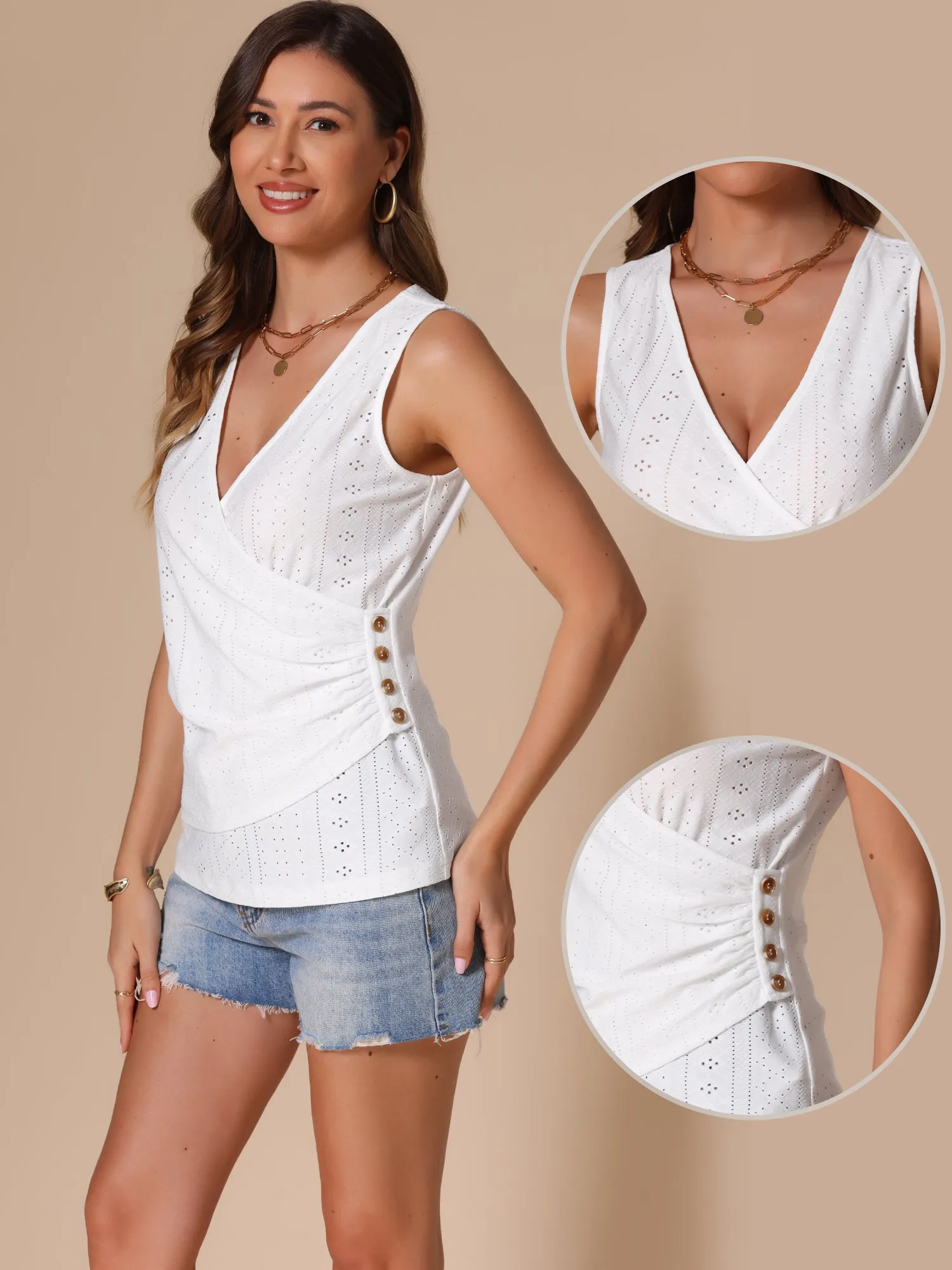 V Neck Sleeveless Ruched Button Decor Eyelet Blouse sold by Allegra K product image thumbnail 2