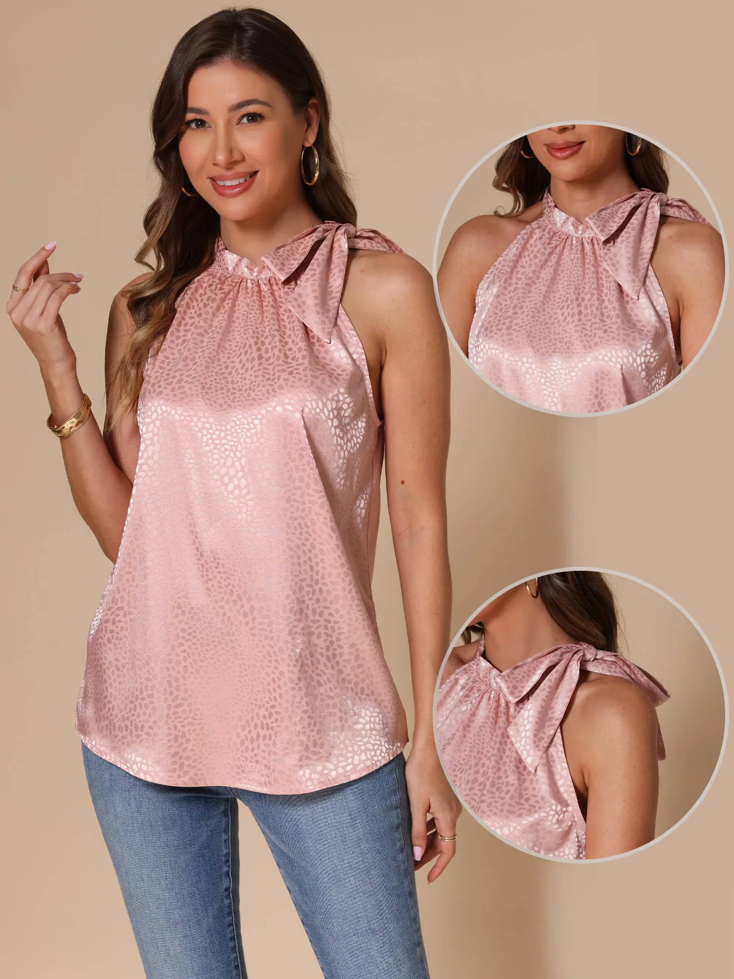 Leopard Halter Neck Bow Sleeveless Casual Blouse sold by Allegra K product image thumbnail 2