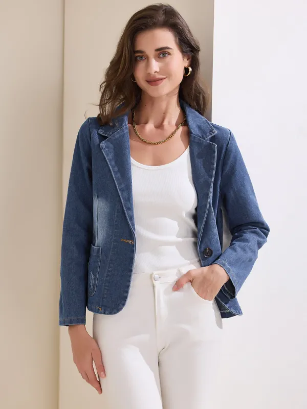 Denim Casaul Notched Lapel Washed Jean Jackets Blazer sold by Allegra K