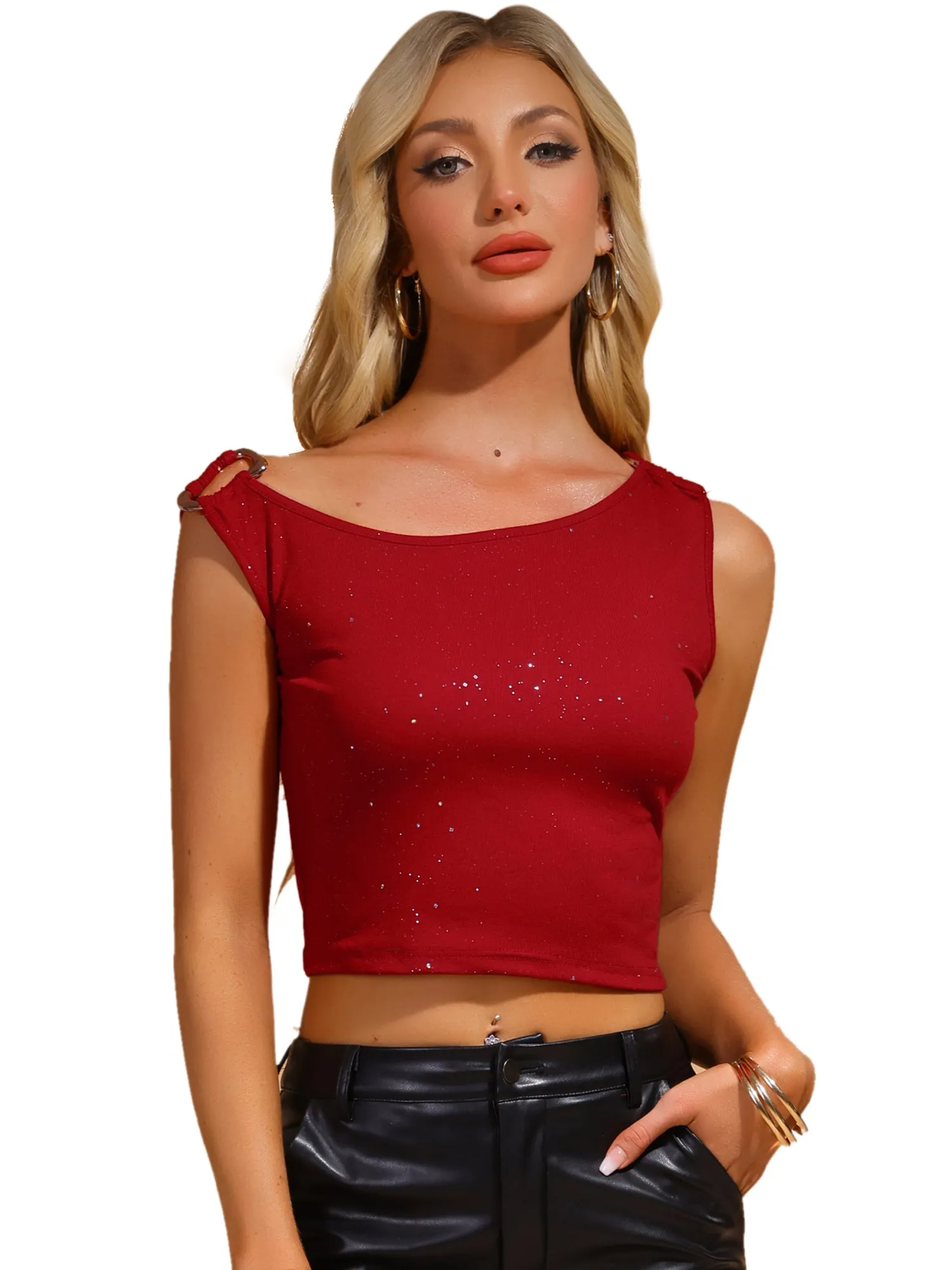 Sleeveless Glitter Going Out Cropped Tank Top sold by Allegra K product image thumbnail 4