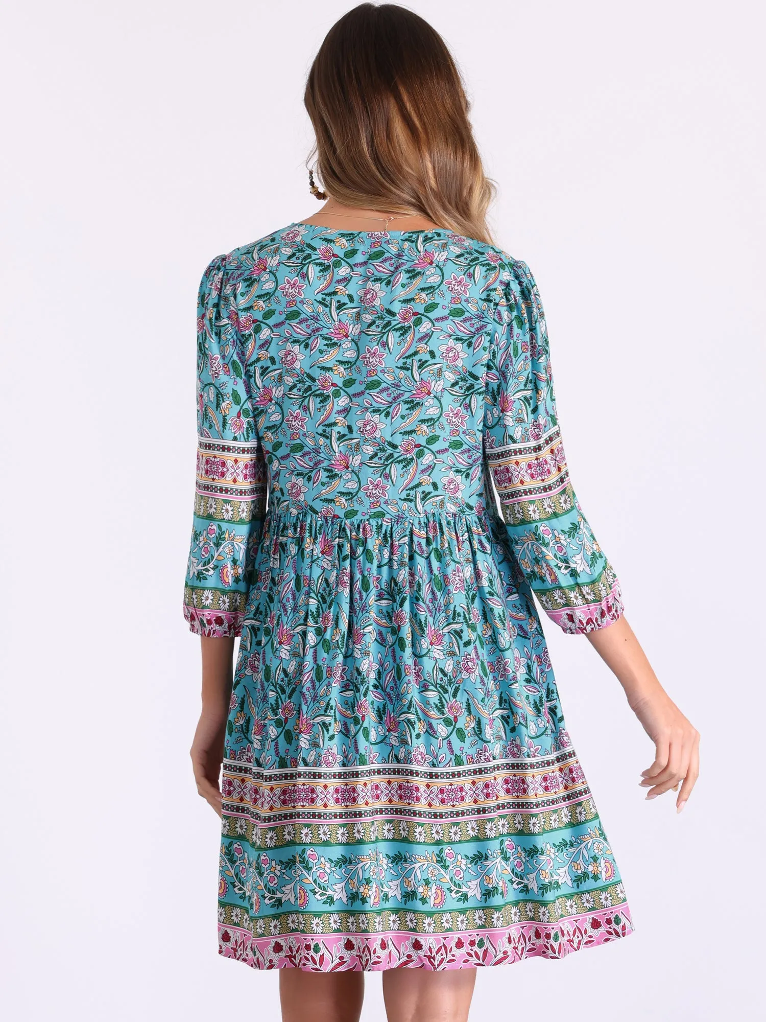 Boho Floral Tie Neck 3/4 Sleeves Pocketed Midi Dress sold by Allegra K product image thumbnail 3