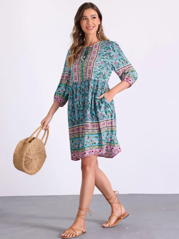 Boho Floral Tie Neck 3/4 Sleeves Pocketed Midi Dress sold by Allegra K