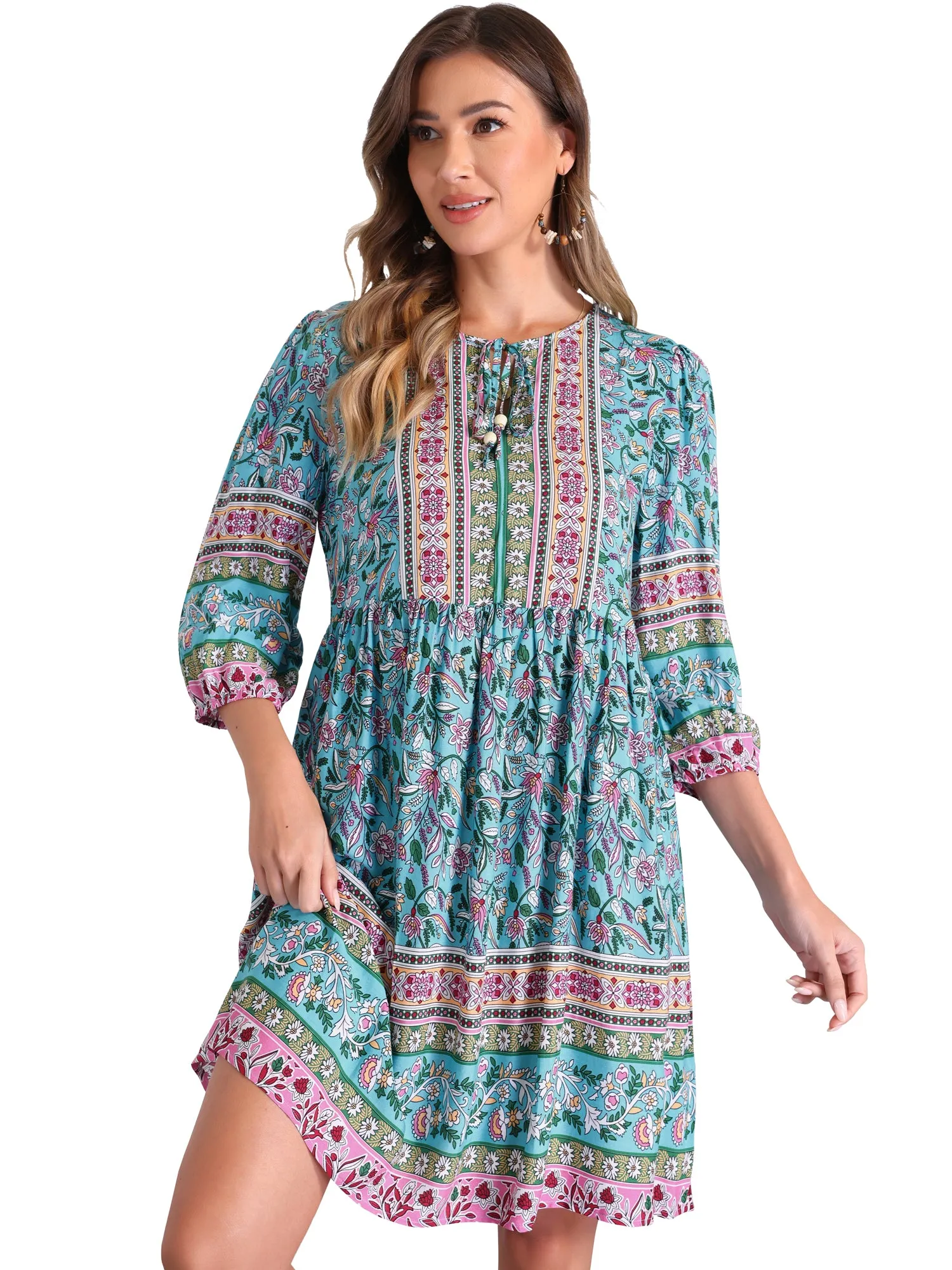 Boho Floral Tie Neck 3/4 Sleeves Pocketed Midi Dress sold by Allegra K product image thumbnail 5