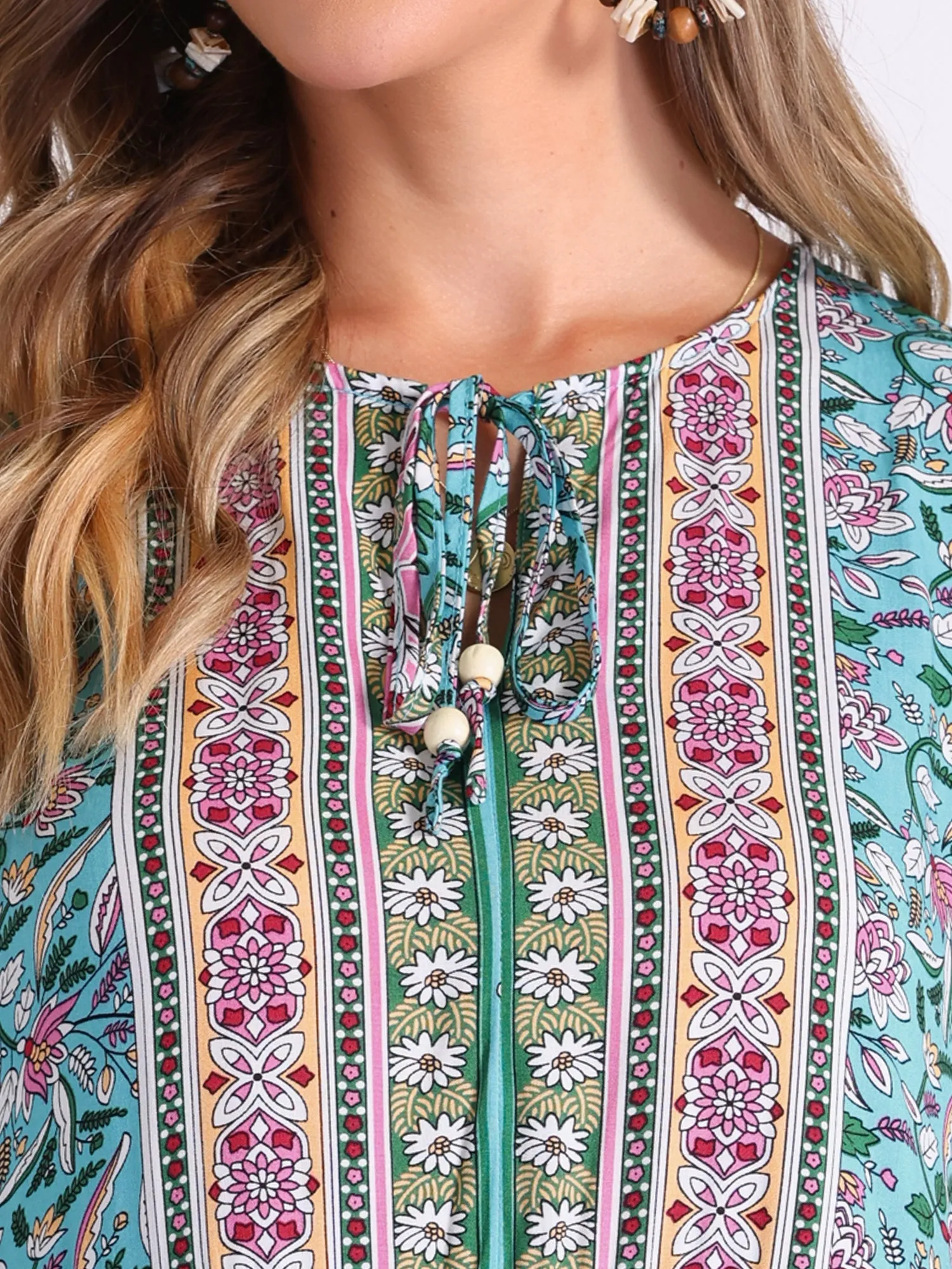 Boho Floral Tie Neck 3/4 Sleeves Pocketed Midi Dress sold by Allegra K product image thumbnail 4