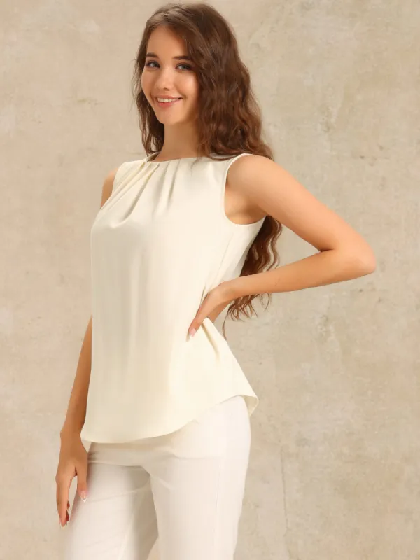 Pleated Crew Neck Sleeveless Solid Color Tops sold by Allegra K