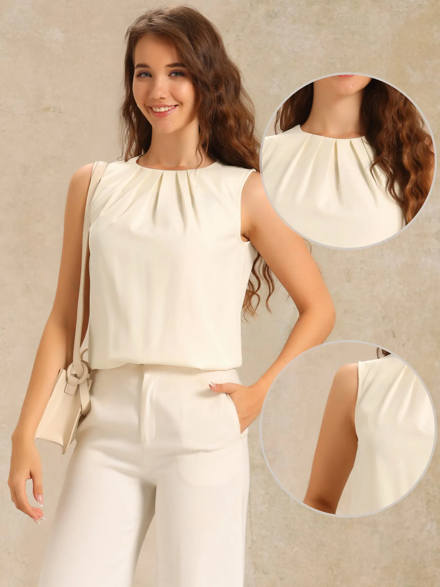 Pleated Crew Neck Sleeveless Solid Color Tops sold by Allegra K product image thumbnail 2