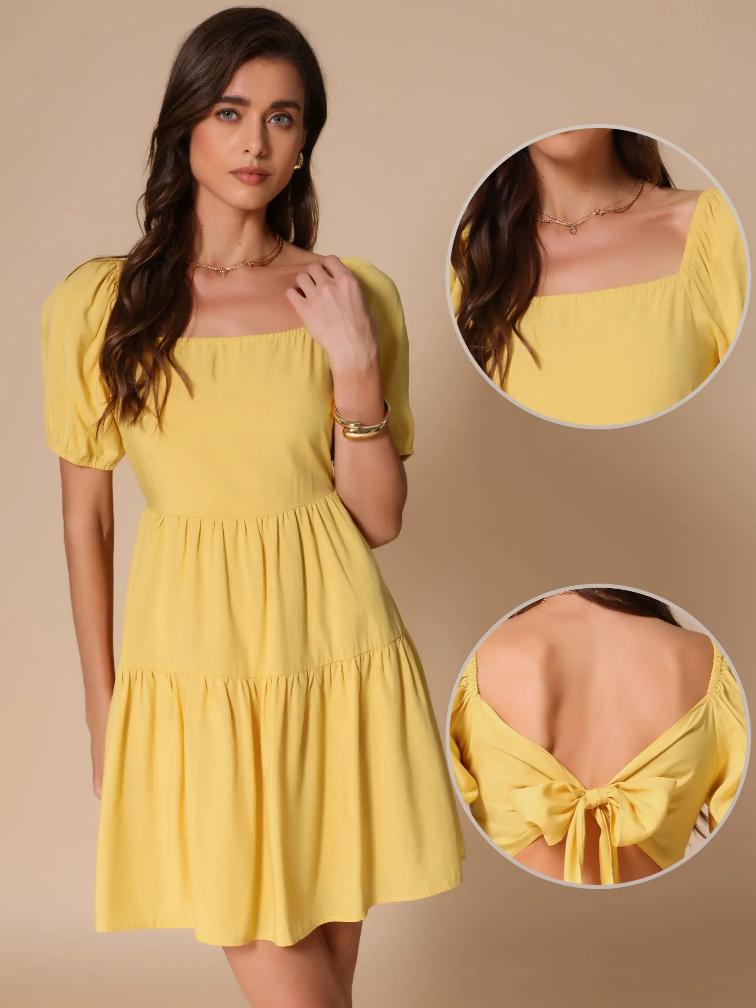 Square Neck Puff Sleeve Back Bow Tiered Mini Dress sold by Allegra K product image thumbnail 2