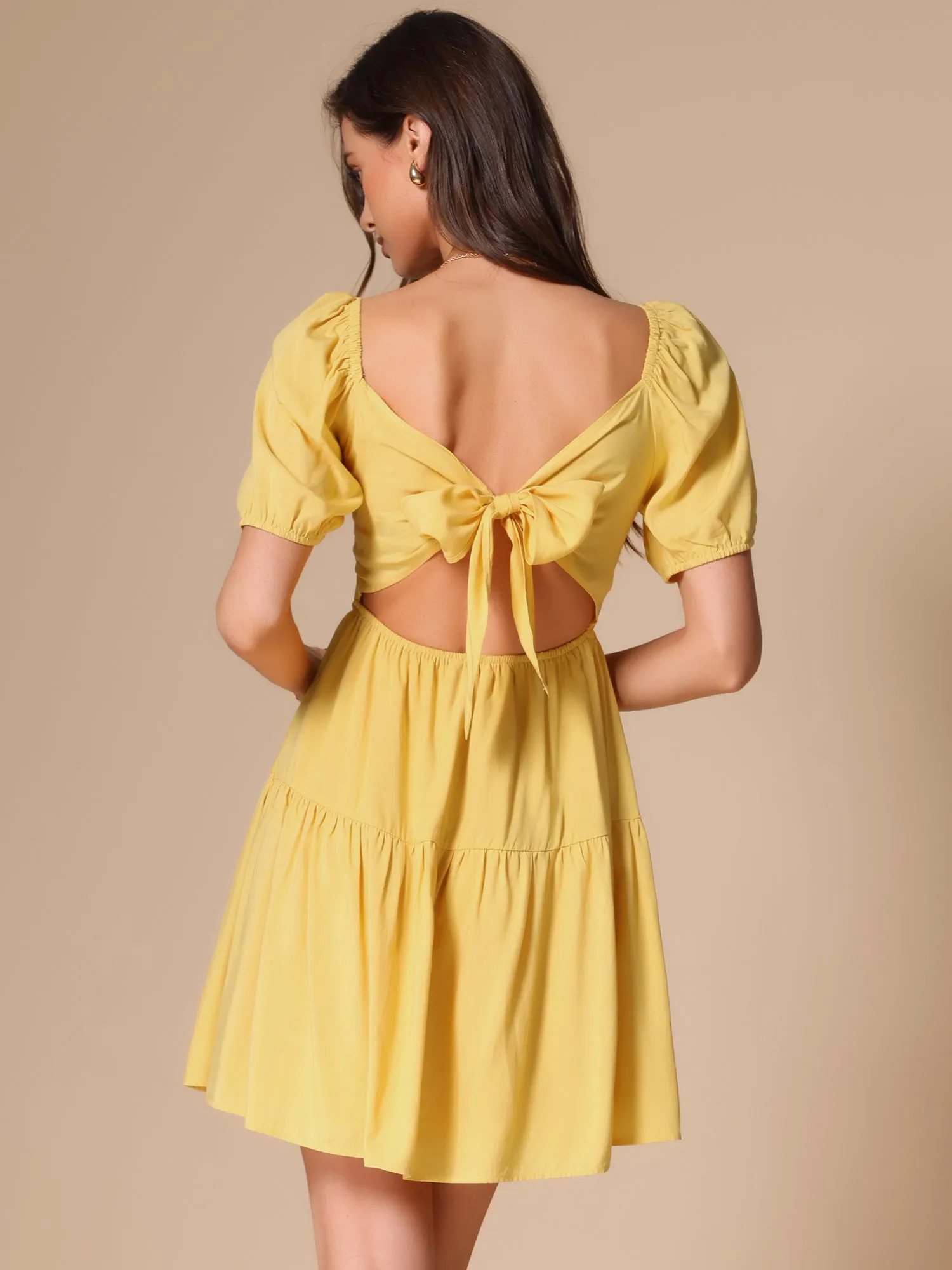 Square Neck Puff Sleeve Back Bow Tiered Mini Dress sold by Allegra K product image thumbnail 3