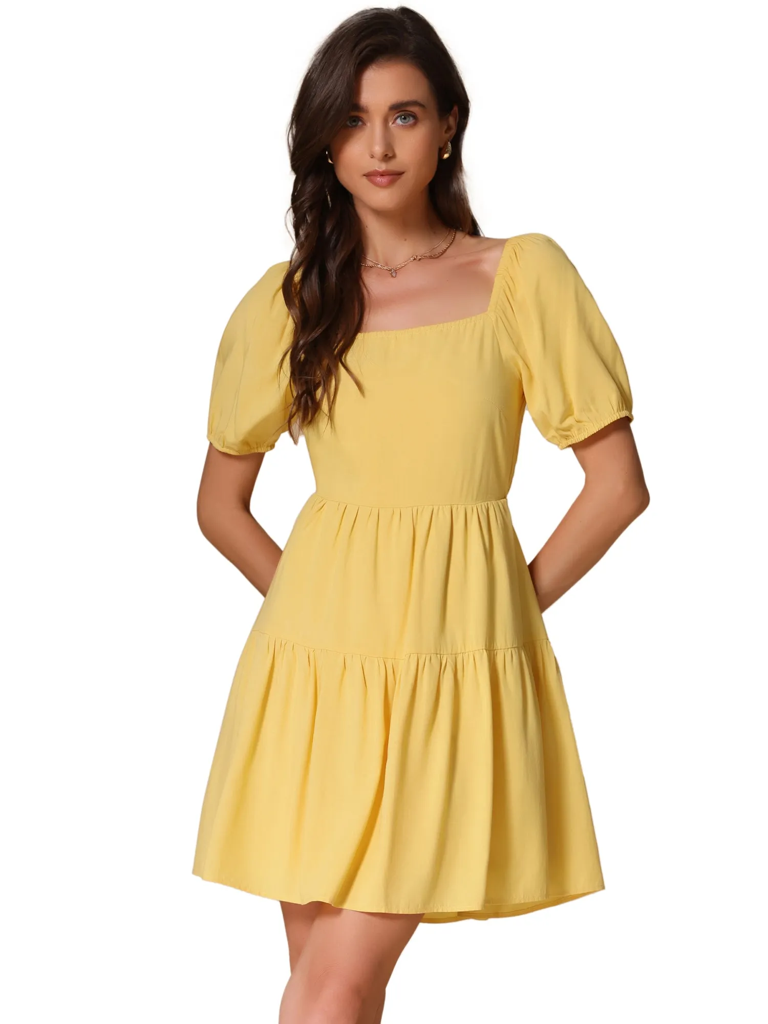 Square Neck Puff Sleeve Back Bow Tiered Mini Dress sold by Allegra K product image thumbnail 5