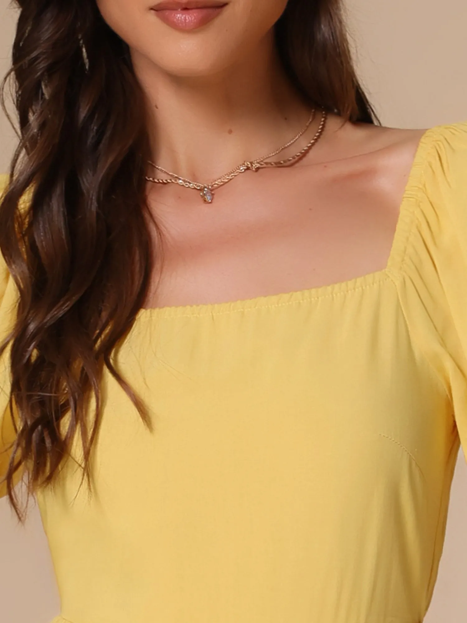 Square Neck Puff Sleeve Back Bow Tiered Mini Dress sold by Allegra K product image thumbnail 4