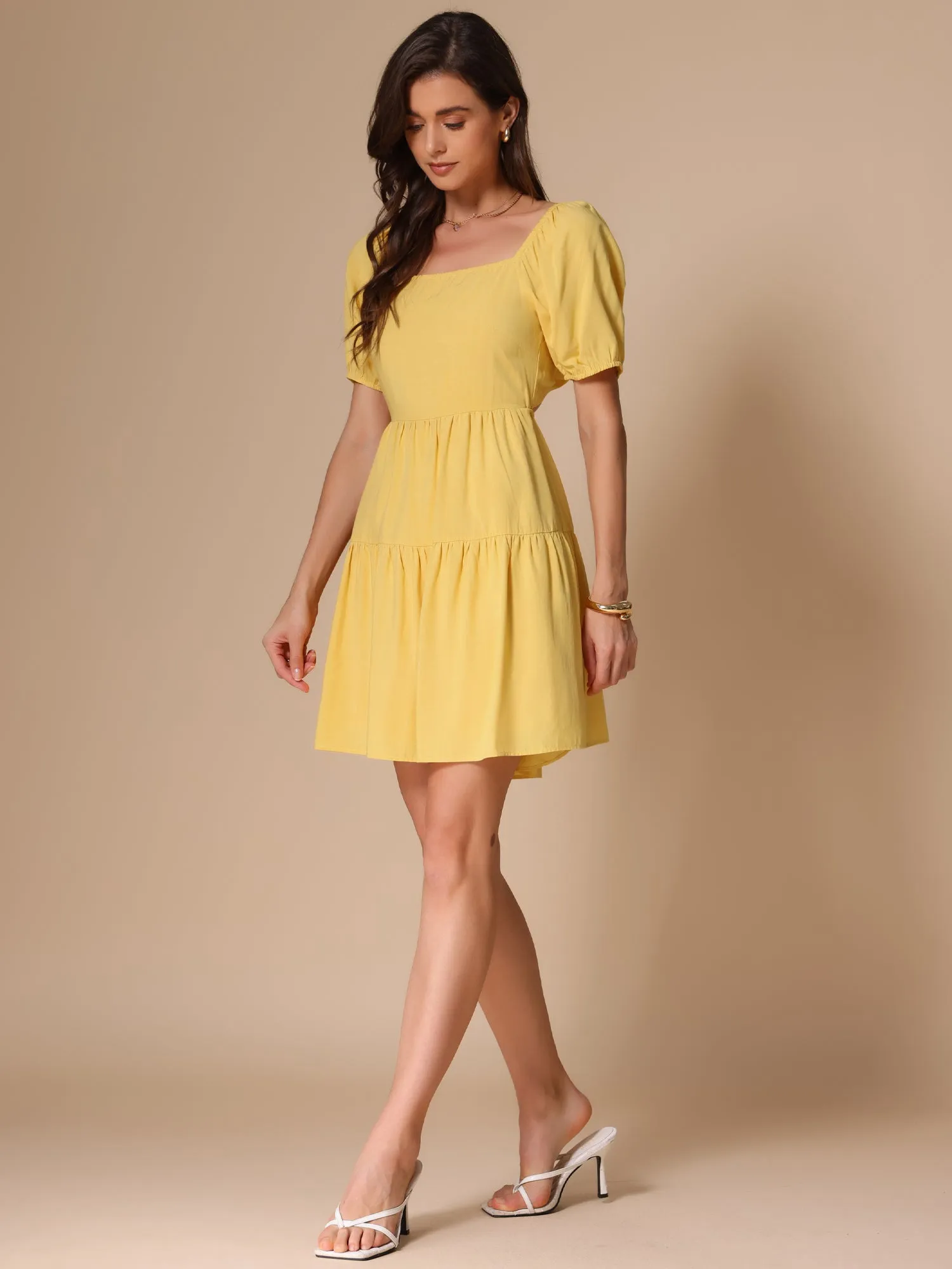 Square Neck Puff Sleeve Back Bow Tiered Mini Dress sold by Allegra K