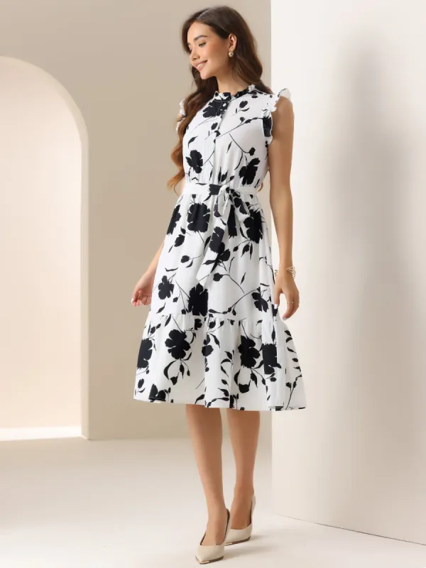 Floral Sleeveless Ruffle Neck Lace-Up Midi Dress sold by Allegra K