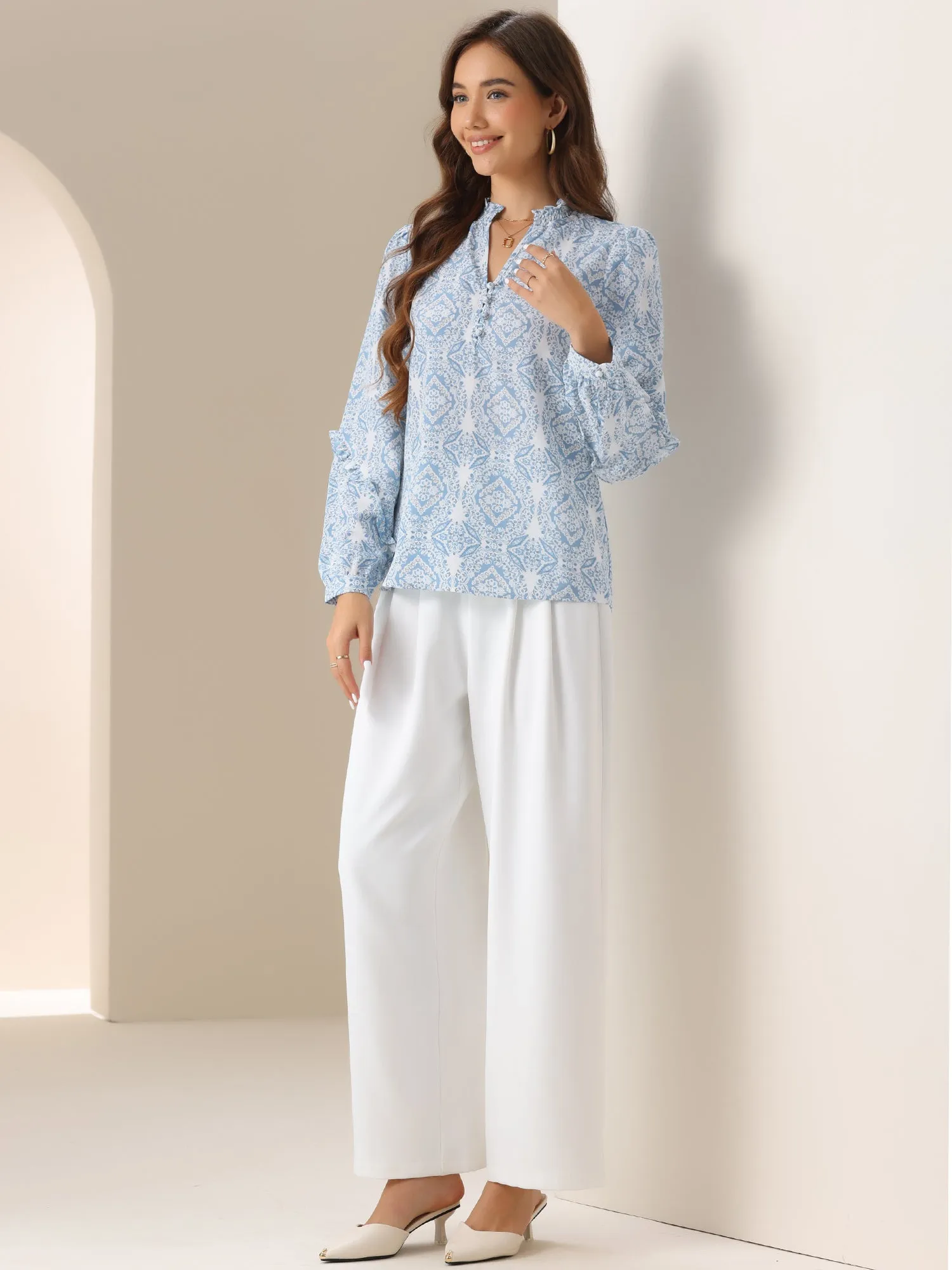 Ruffled Long Sleeve Boho Print Blouses Top sold by Allegra K product image thumbnail 3