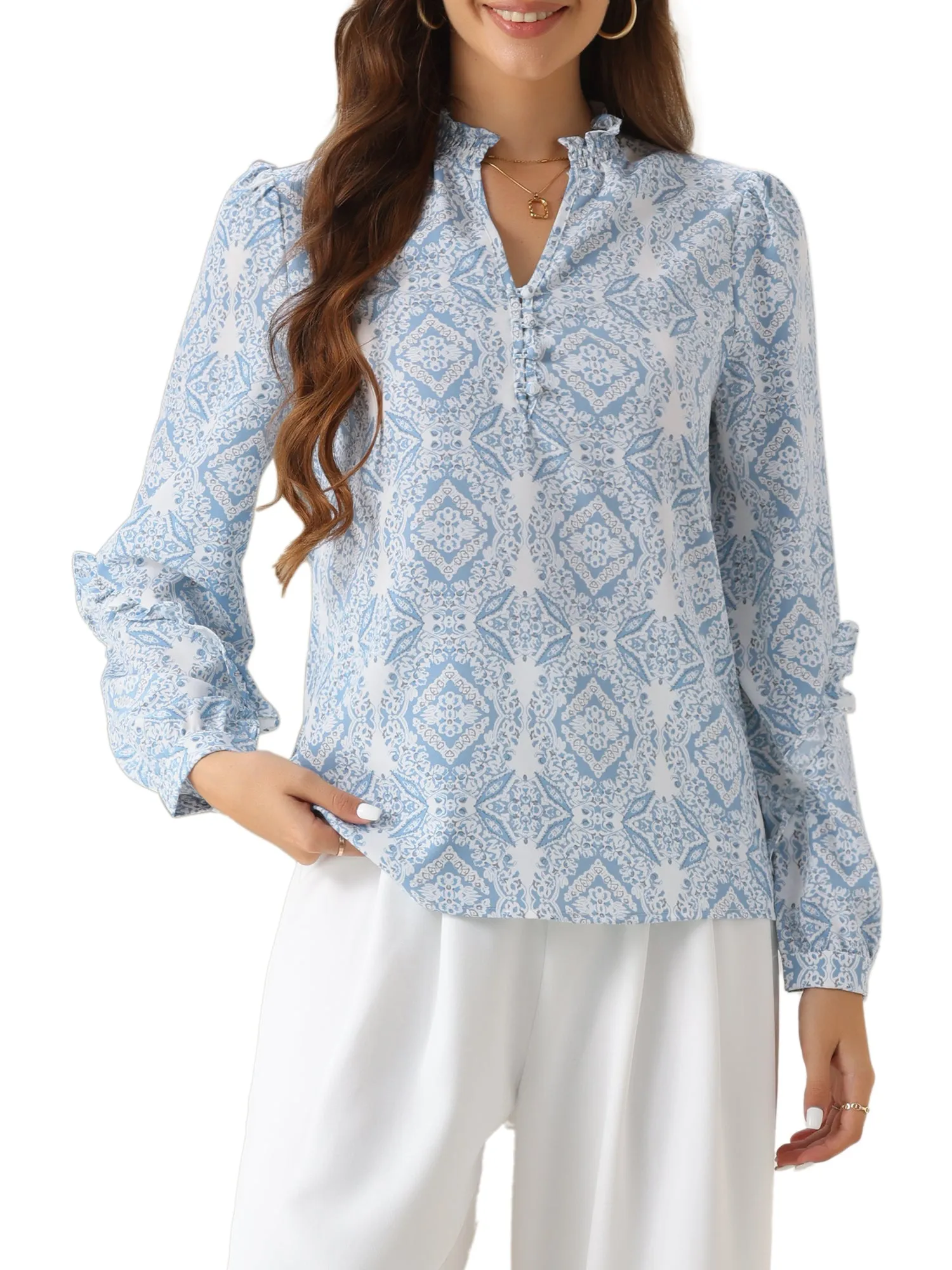Ruffled Long Sleeve Boho Print Blouses Top sold by Allegra K product image thumbnail 5