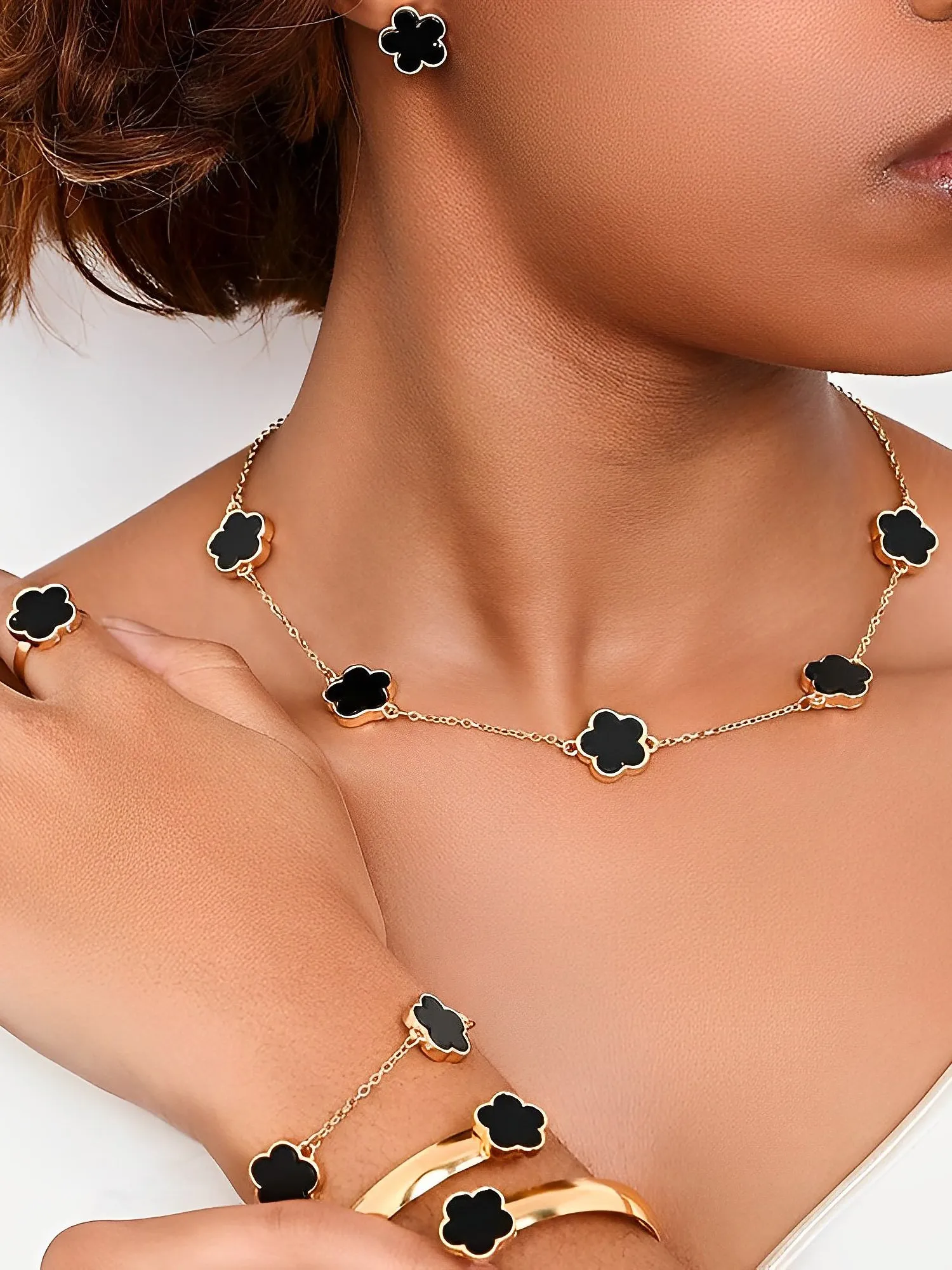 6 Pieces Metal Flower Bracelet Necklace Earrings Ring Set sold by Allegra K product image thumbnail 2