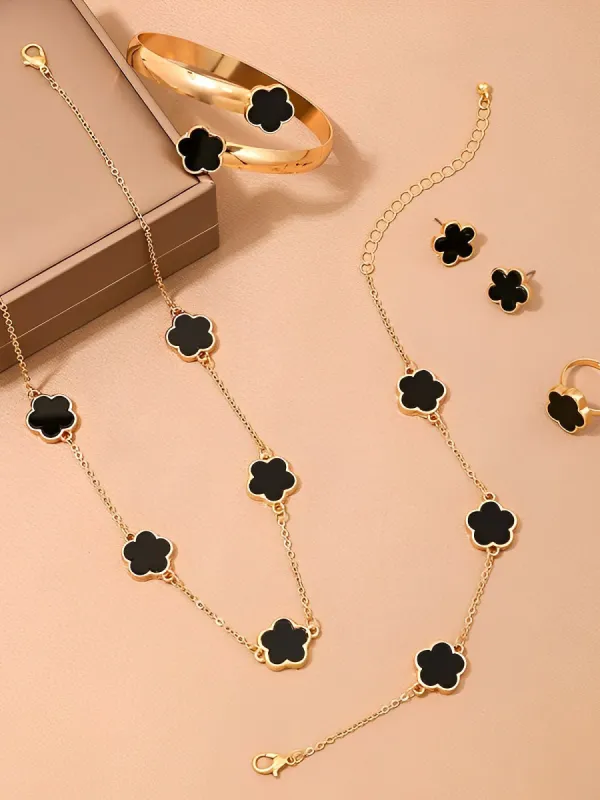 6 Pieces Metal Flower Bracelet Necklace Earrings Ring Set sold by Allegra K