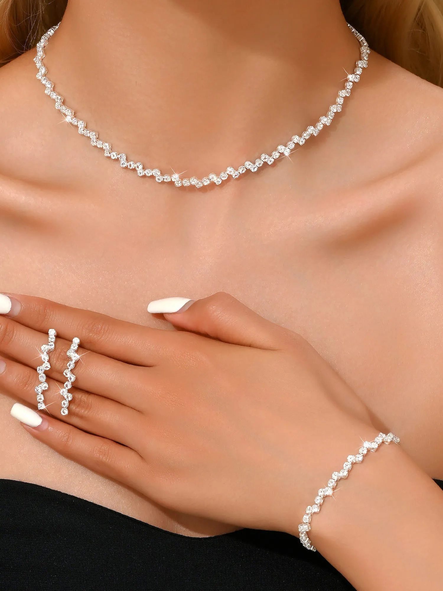 4 Pieces Faux Rhinestone Earrings Necklace Bracelet Set sold by Allegra K product image thumbnail 5