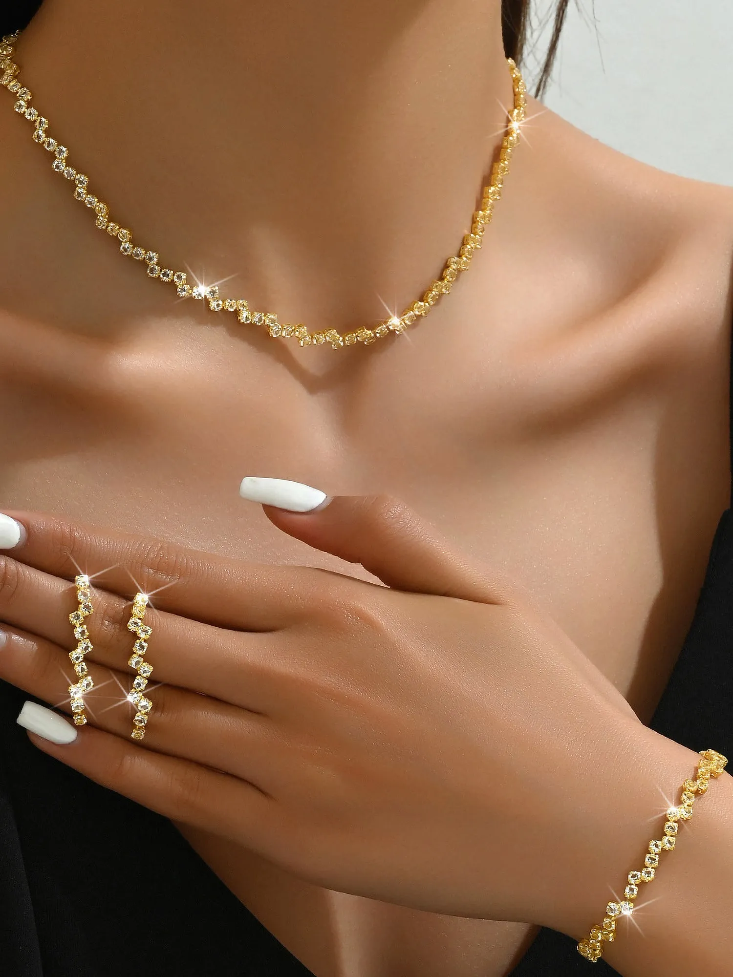 4 Pieces Faux Rhinestone Earrings Necklace Bracelet Set sold by Allegra K