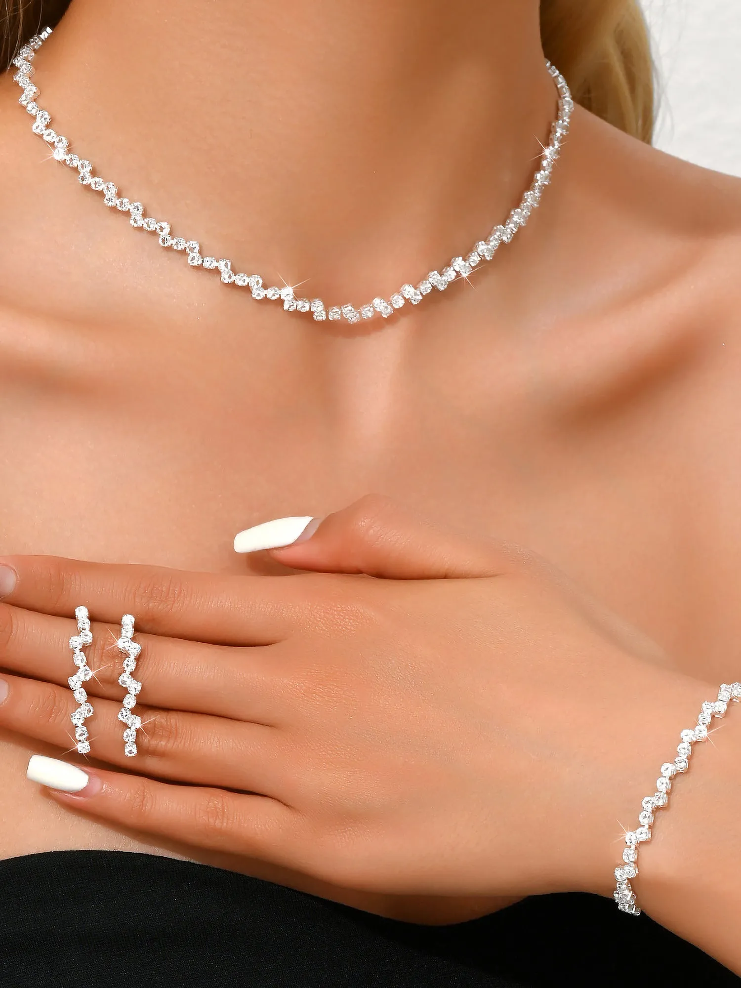 4 Pieces Faux Rhinestone Earrings Necklace Bracelet Set sold by Allegra K product image thumbnail 4