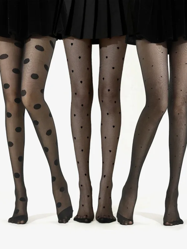 3 Pairs Heart Polka Dots 10D Stockings Pantyhose made by Allegra K