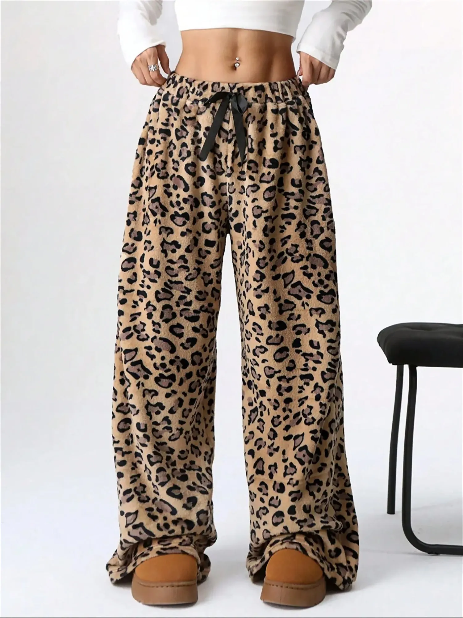 Leopard Print Bow Wide Leg Casual Pile Pants sold by Allegra K product image thumbnail 2