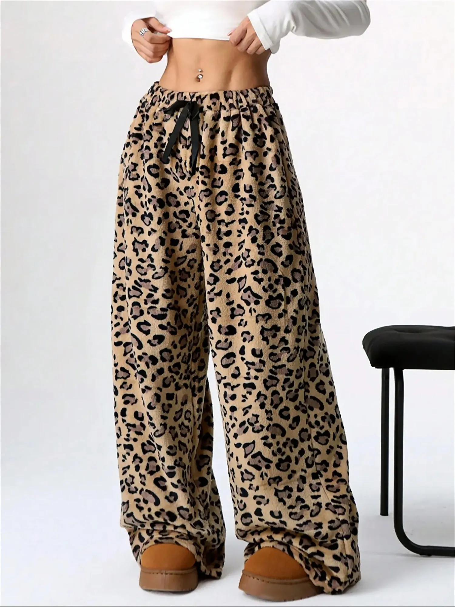 Leopard Print Bow Wide Leg Casual Pile Pants sold by Allegra K product image thumbnail 4