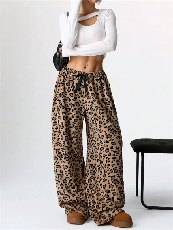 Leopard Print Bow Wide Leg Casual Pile Pants sold by Allegra K