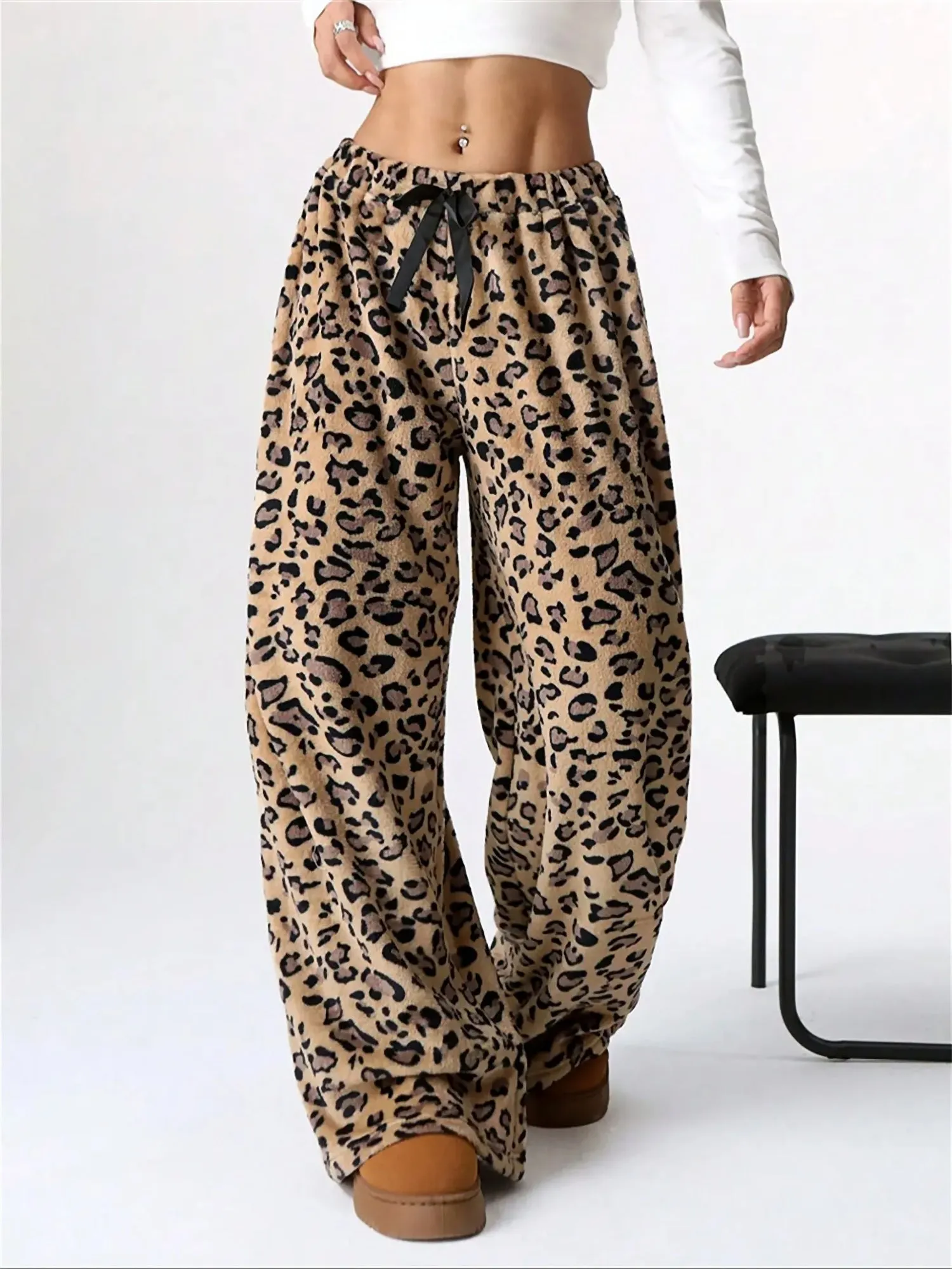 Leopard Print Bow Wide Leg Casual Pile Pants sold by Allegra K product image thumbnail 3