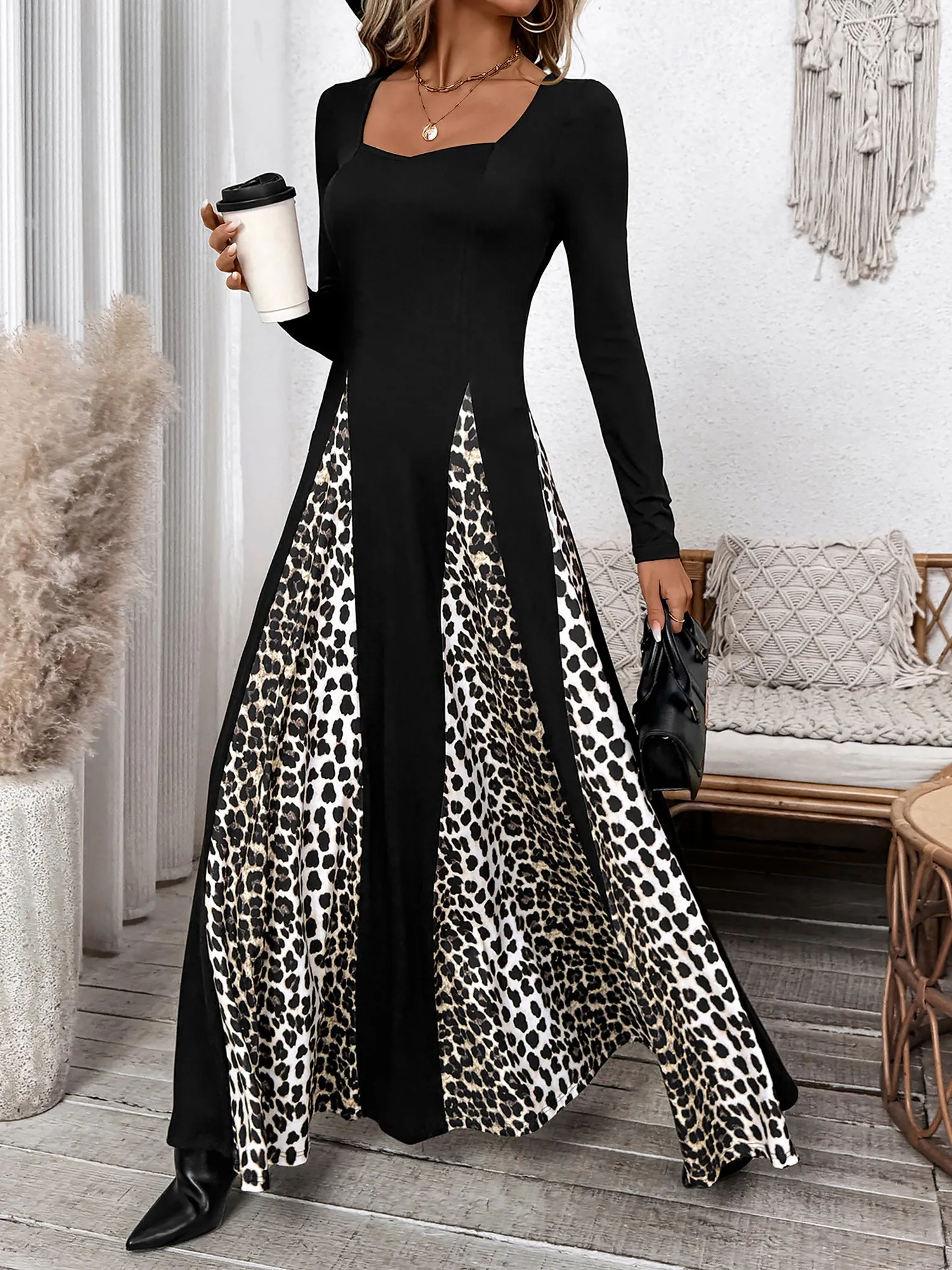 Leopard Patchwork Long Sleeves A-Line Maxi Dress sold by Allegra K product image thumbnail 2