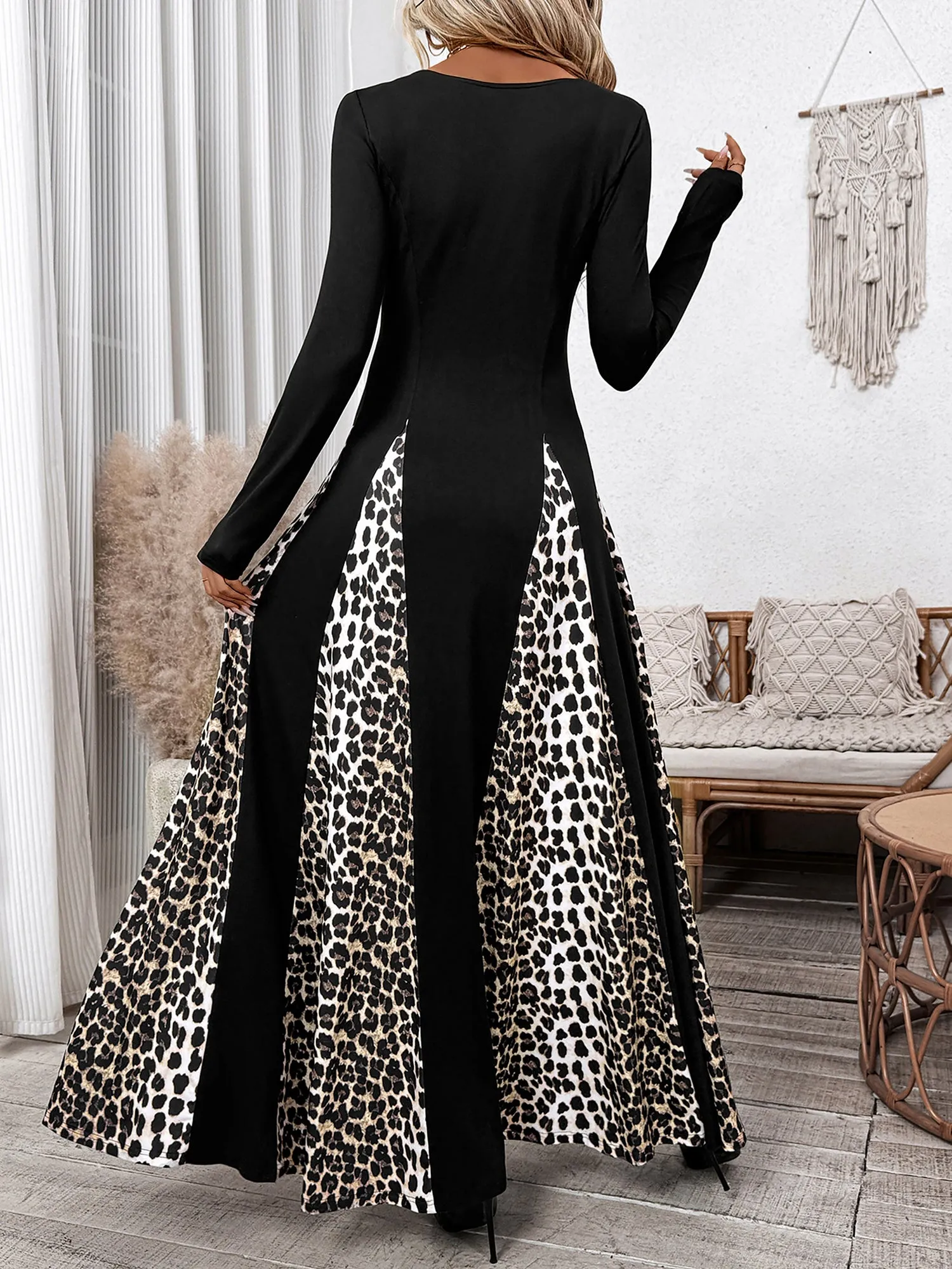 Leopard Patchwork Long Sleeves A-Line Maxi Dress sold by Allegra K product image thumbnail 5
