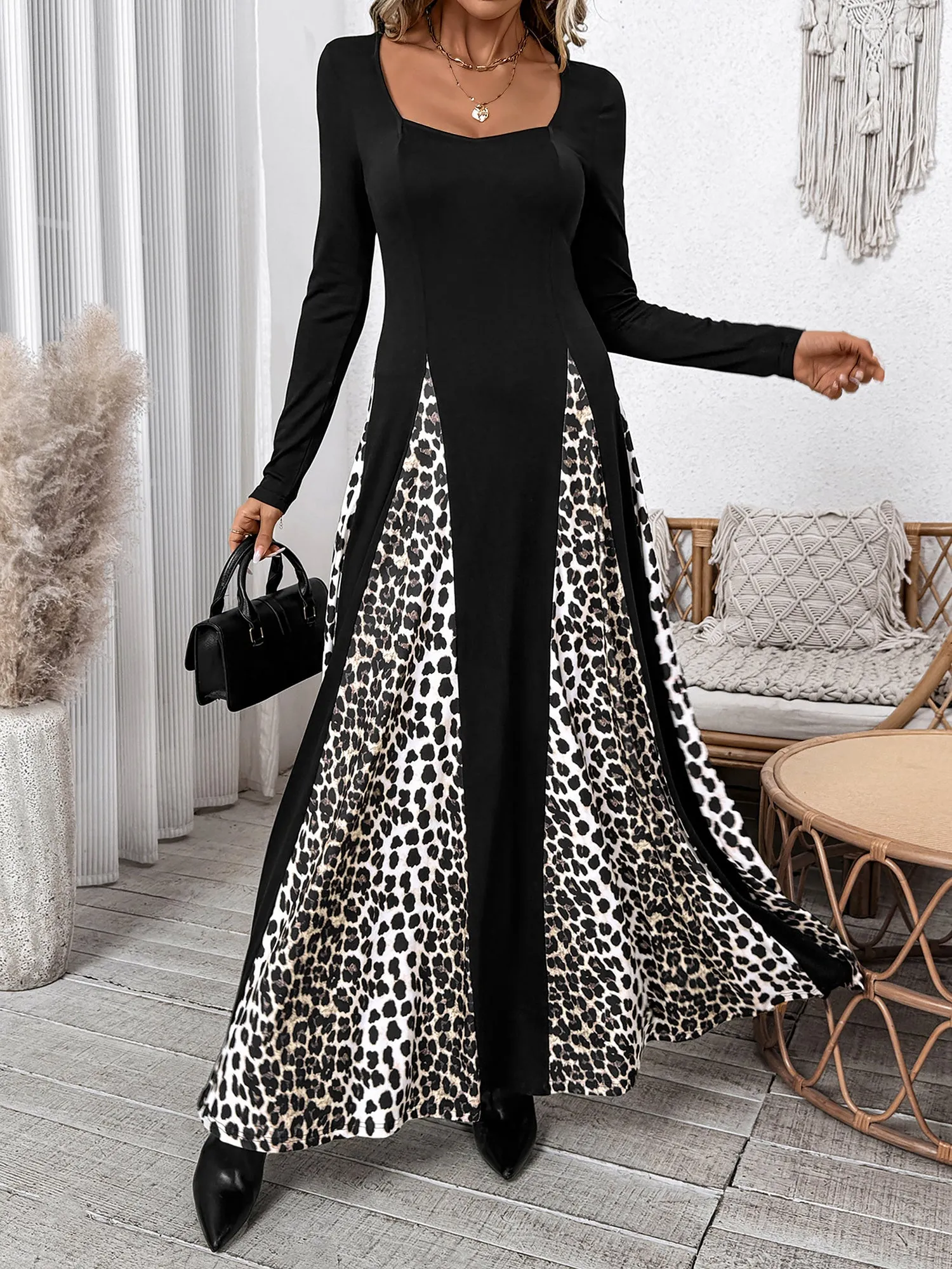 Leopard Patchwork Long Sleeves A-Line Maxi Dress sold by Allegra K